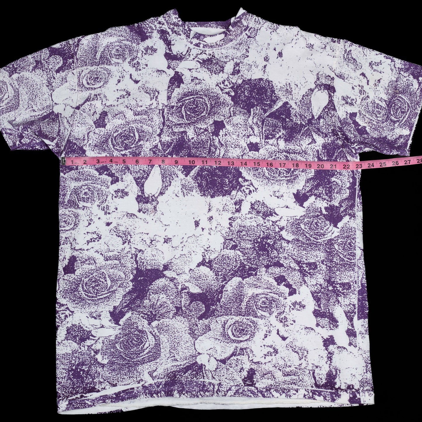 90s Pixel Floral All Over Print T Shirt - Men's Large, Women's XL | Vintage White Purple AOP Graphic Tee