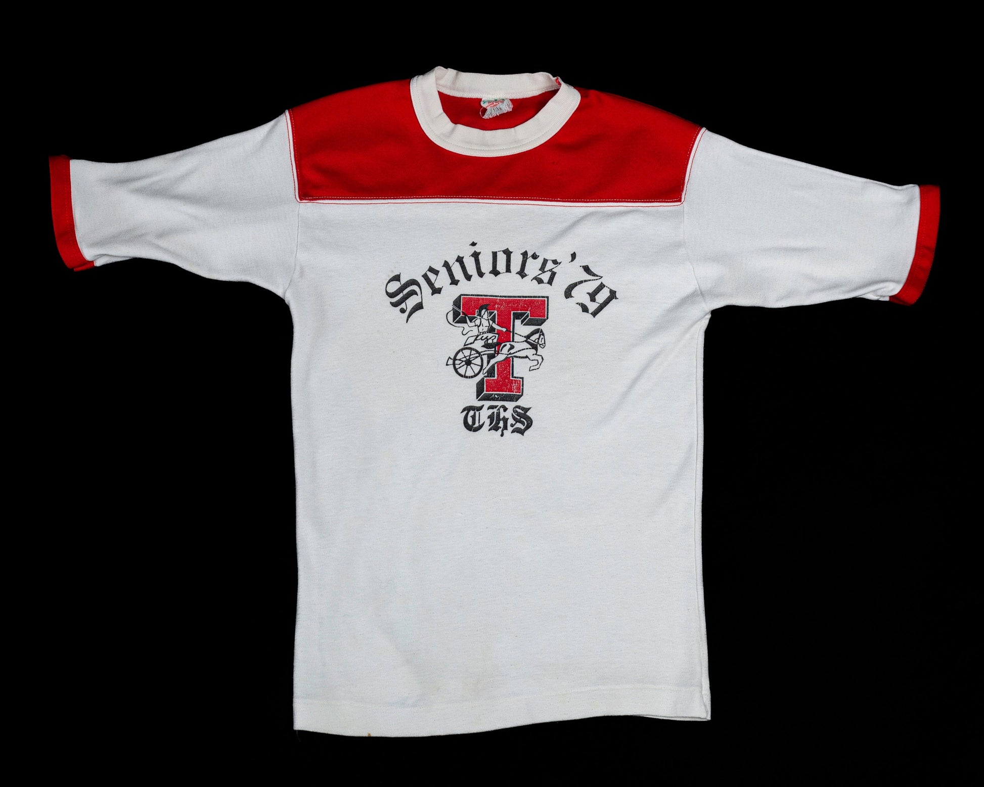 Vintage 1979 Senior Class Tee - Small | 70s White Red High School Mascot T Shirt
