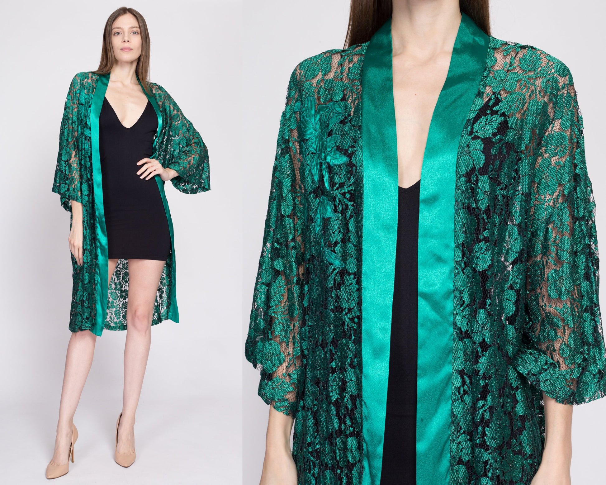90s Victoria's Secret Jade Green Lace Lounge Robe - One Size | Vintage Satin Trim Boho Open Fit Loungewear Kimono