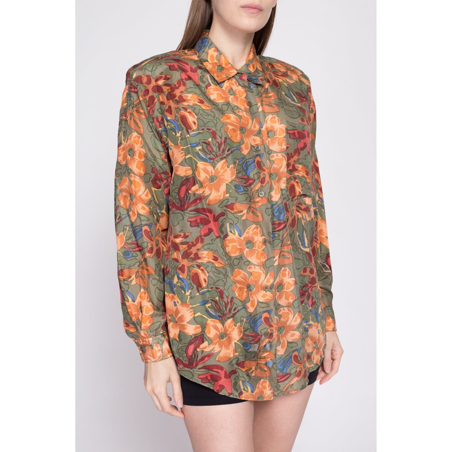 90s Silk Earth Tone Floral Blouse - Medium | Vintage Long Sleeve Button Up Flower Print Oversize Secretary Top
