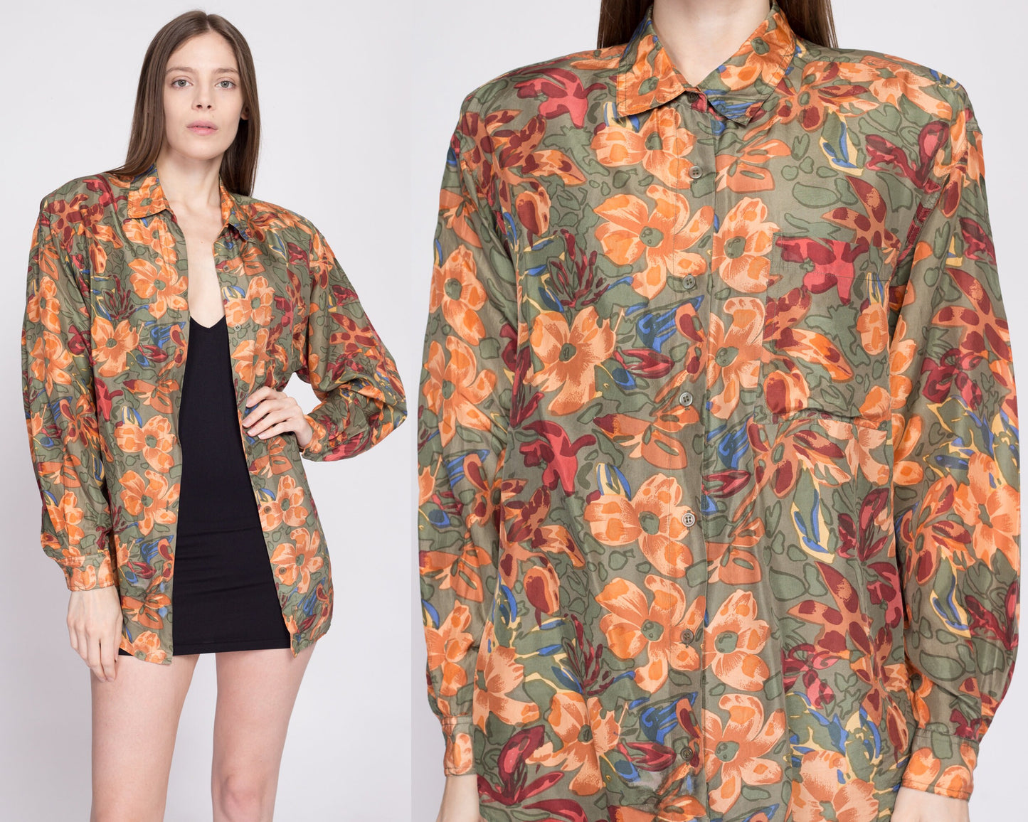 90s Silk Earth Tone Floral Blouse - Medium | Vintage Long Sleeve Button Up Flower Print Oversize Secretary Top