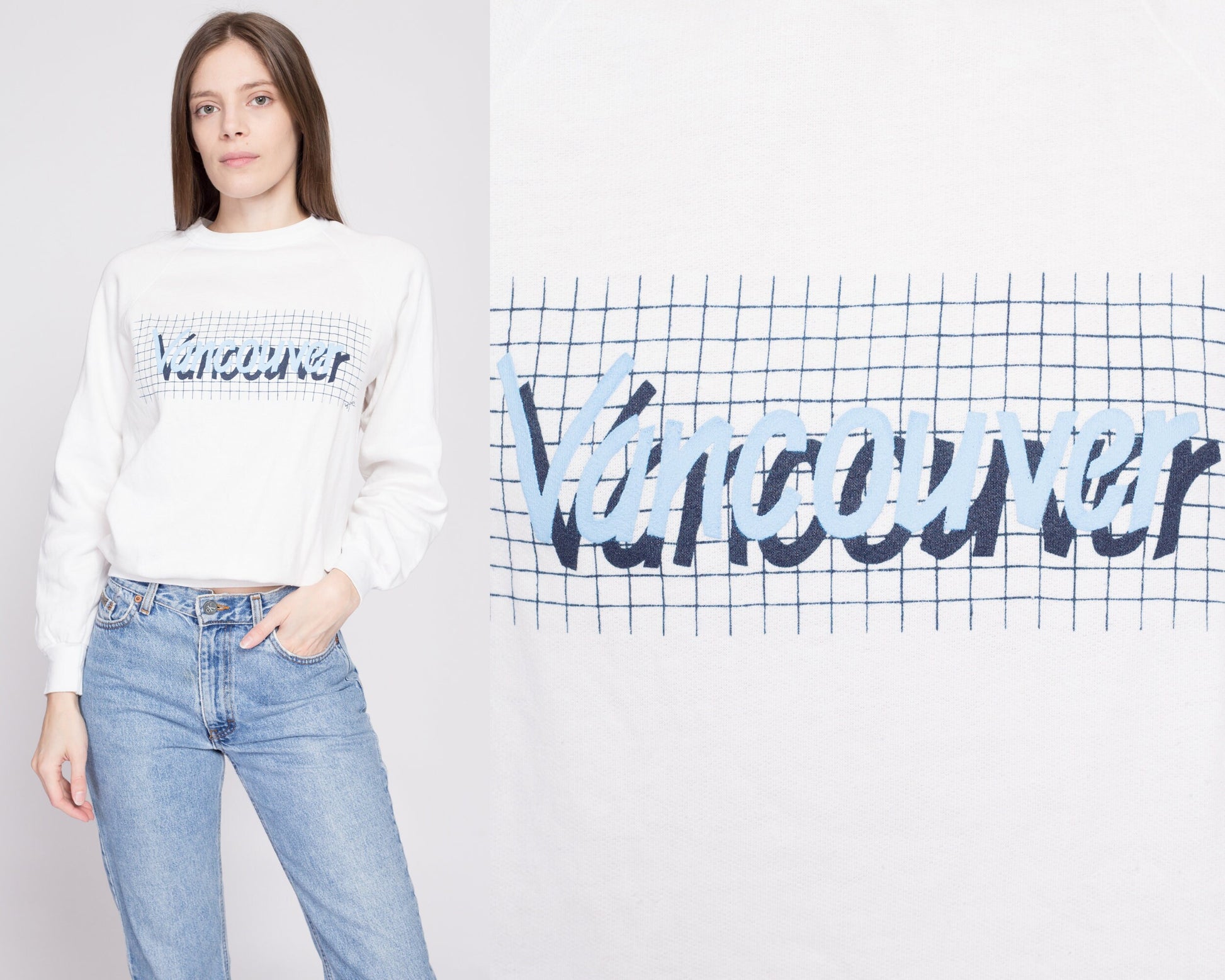 80s Vancouver Canada Tourist Sweatshirt - Men's Small Short, Women's Medium | Vintage White Raglan Sleeve Graphic Crewneck Pullover