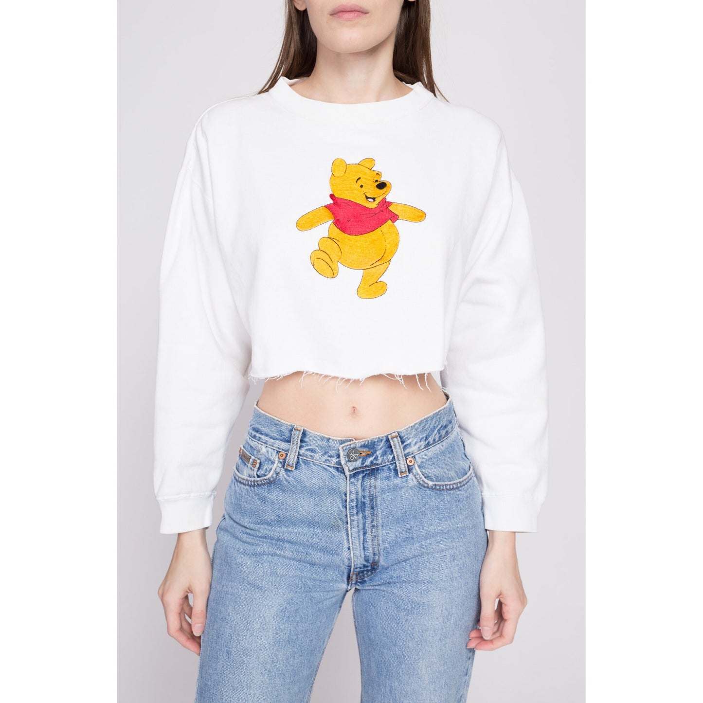 90s Winnie The Pooh Crop Top Sweatshirt - Extra Large | Vintage White Disney Cartoon Graphic Cropped Cut Off Crewneck