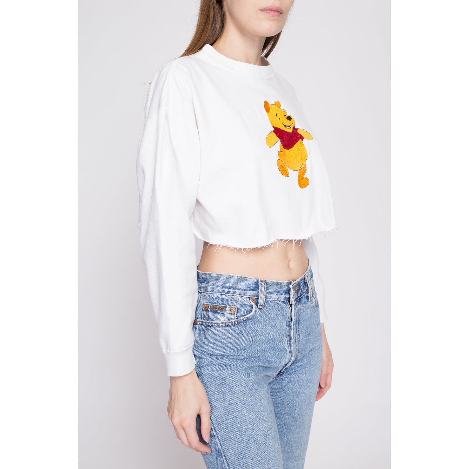 90s Winnie The Pooh Crop Top Sweatshirt - Extra Large | Vintage White Disney Cartoon Graphic Cropped Cut Off Crewneck