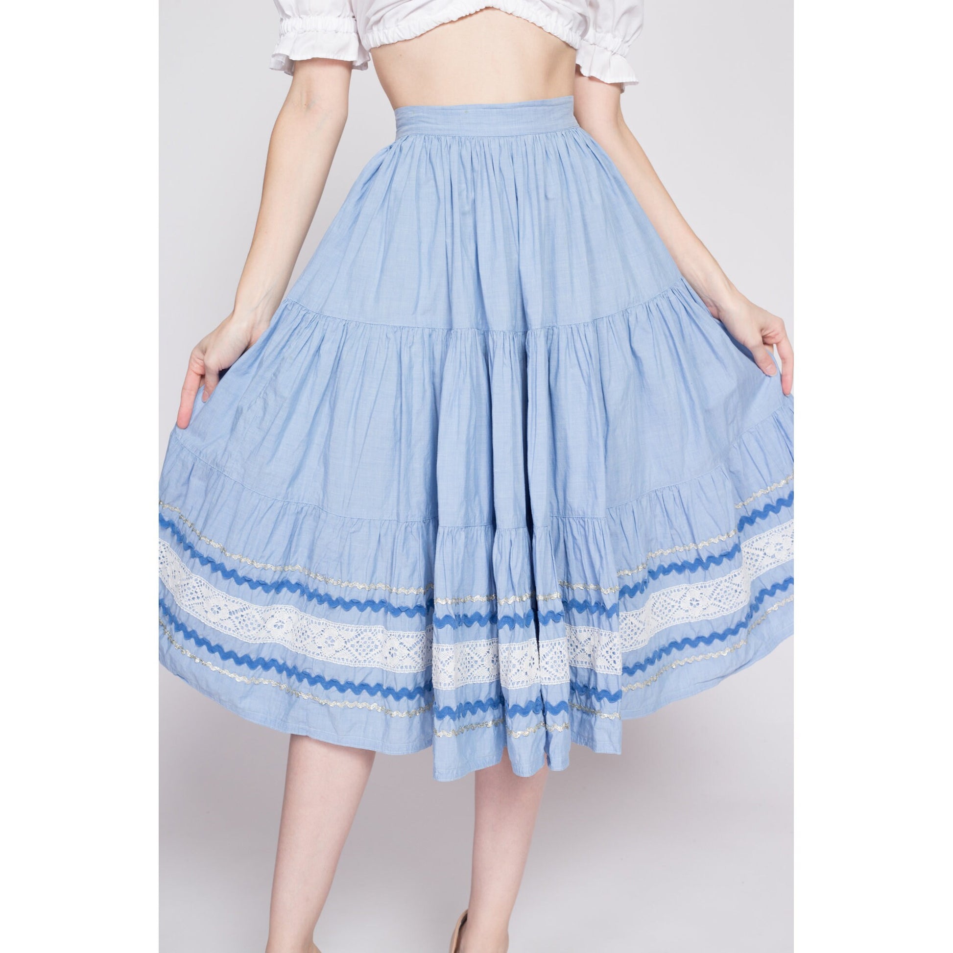 50s 60s Blue Fiesta Patio Skirt - Small, 26.5" | Vintage Metallic Ric Rac Trim Midi Circle Skirt