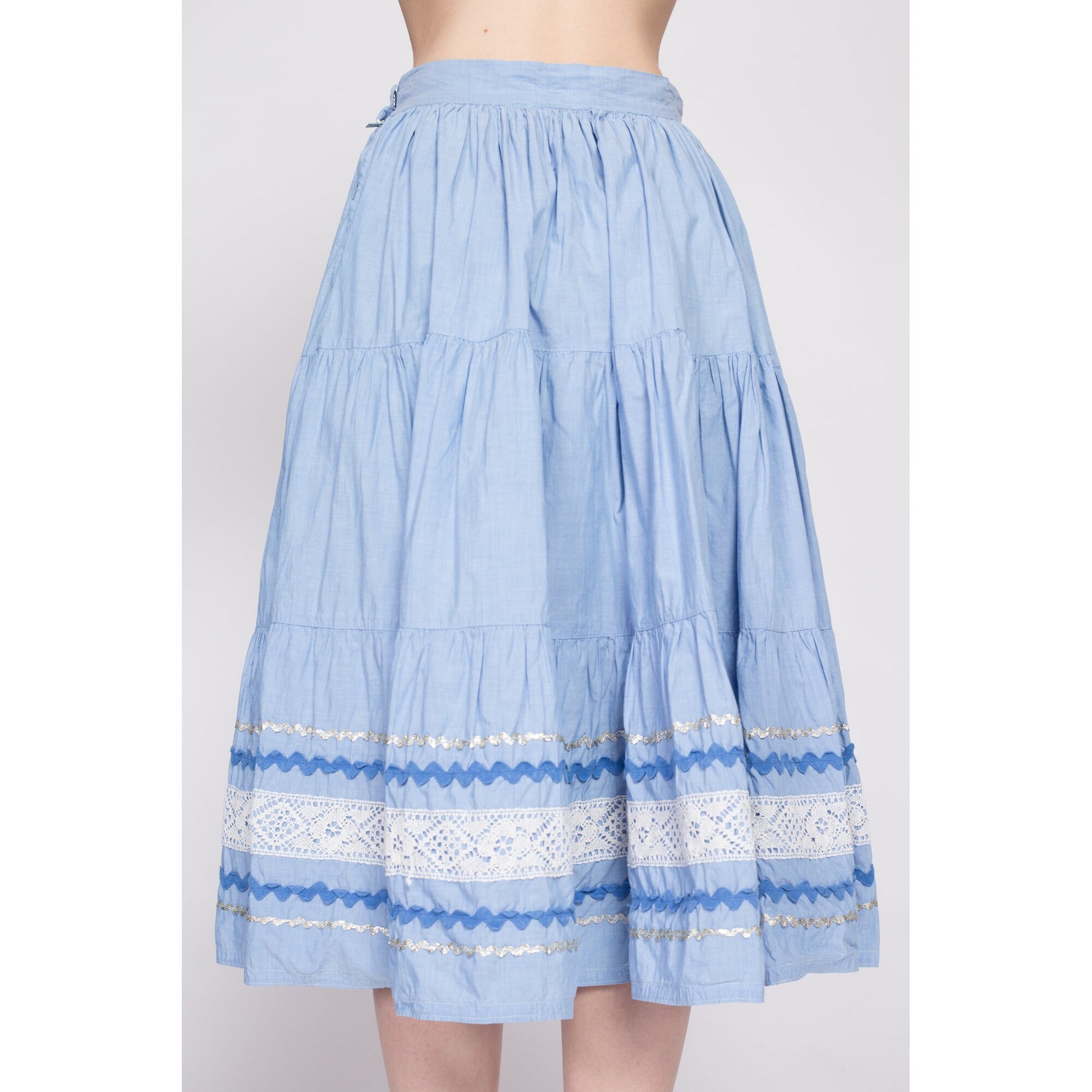 50s 60s Blue Fiesta Patio Skirt - Small, 26.5" | Vintage Metallic Ric Rac Trim Midi Circle Skirt