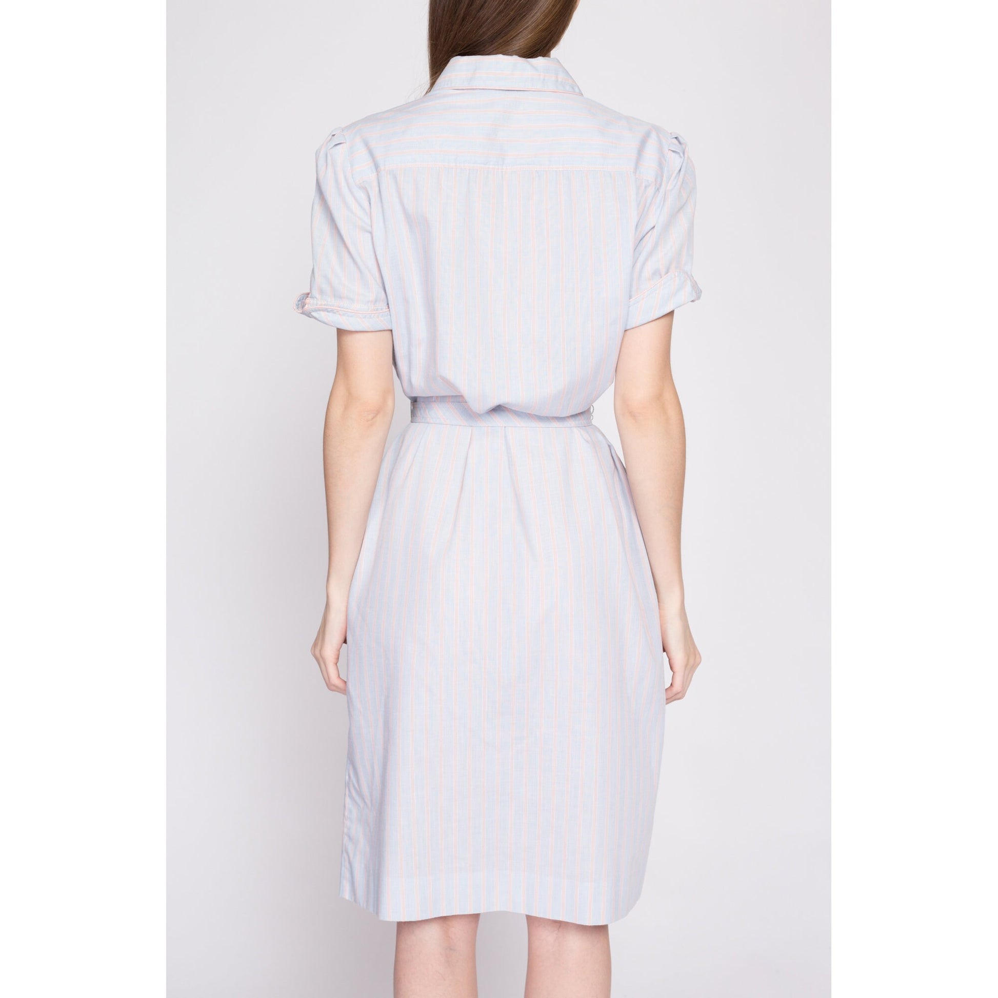 70s Blue Striped Belted Shirtdress - Medium to Large | Vintage Button Front Knee Length Short Sleeve Midi Day Dress