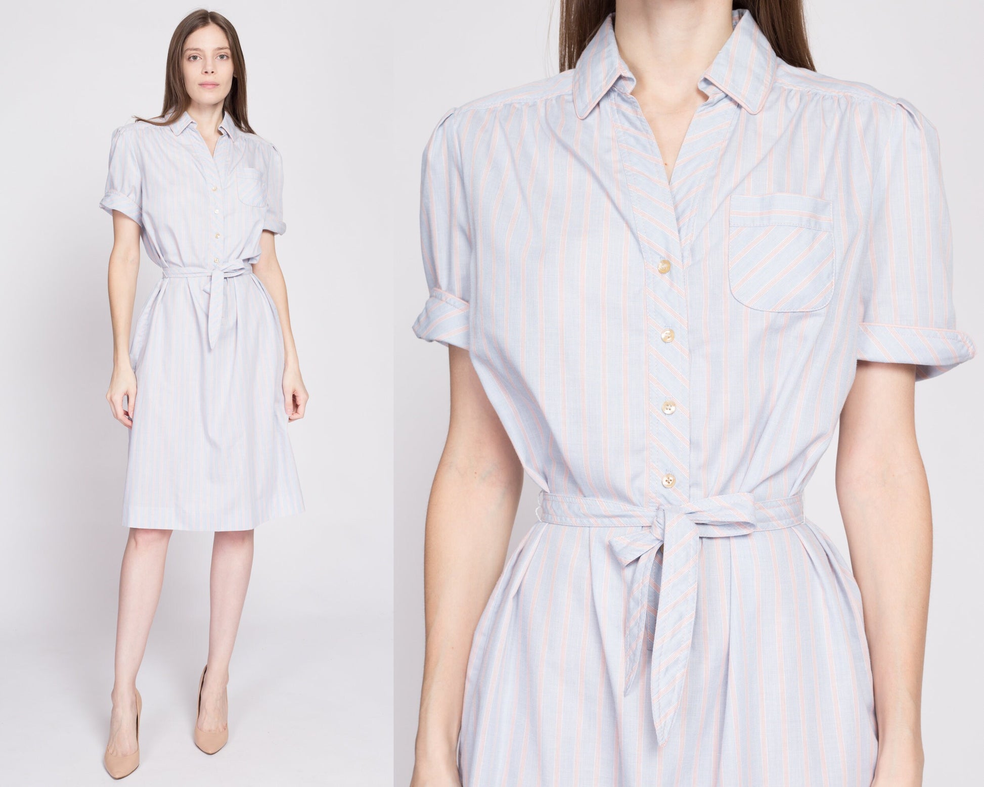 70s Blue Striped Belted Shirtdress - Medium to Large | Vintage Button Front Knee Length Short Sleeve Midi Day Dress