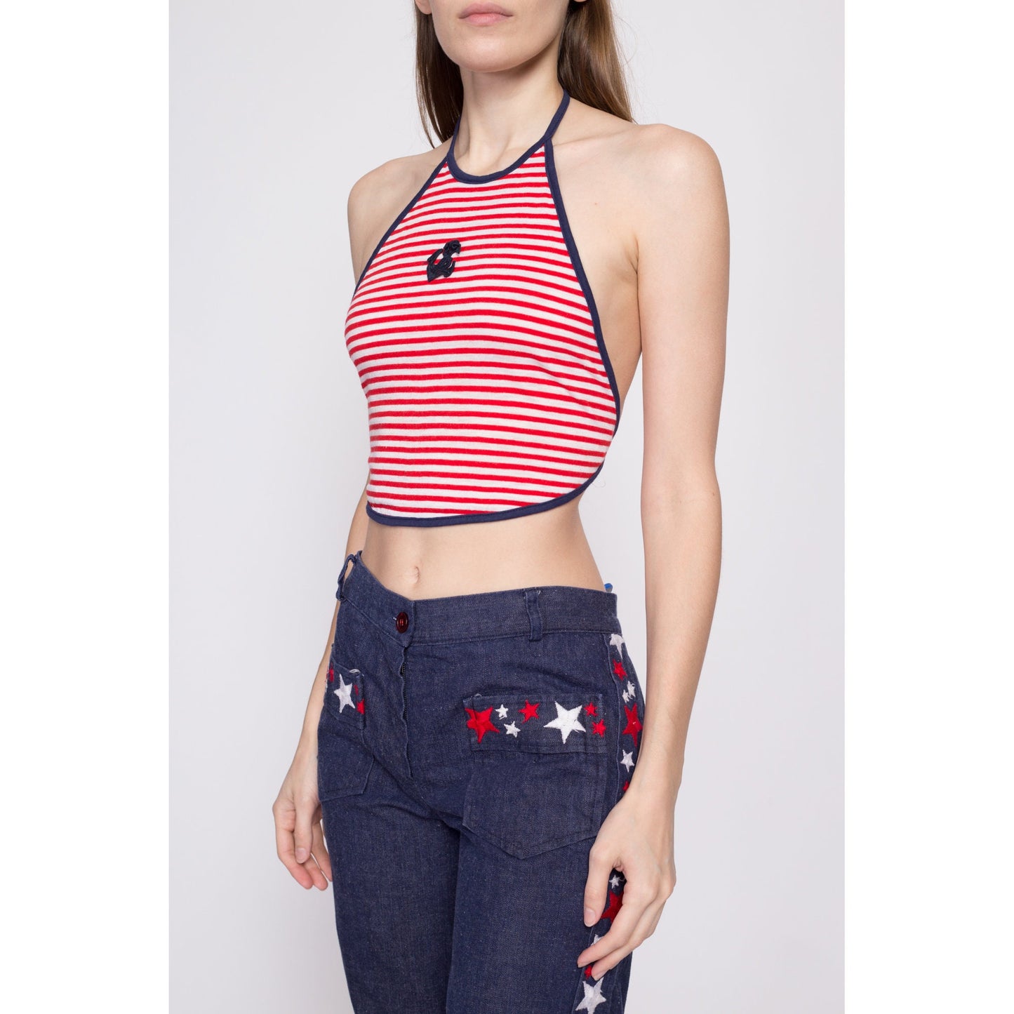 70s Nautical Striped Backless Halter Crop Top - Small | Vintage Anchor Applique Cropped Summer Shirt