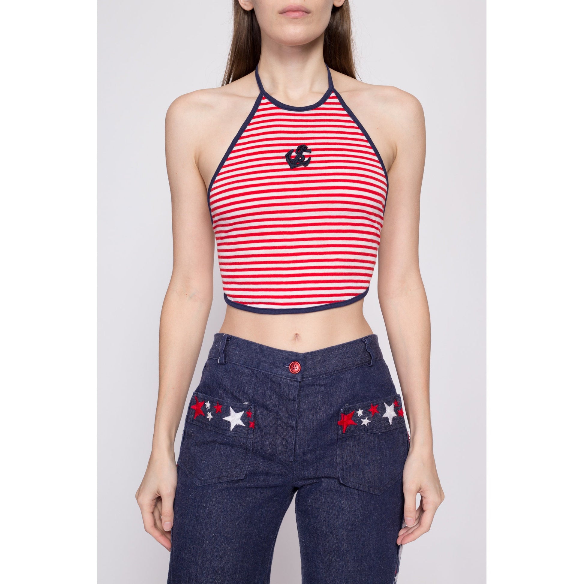 70s Nautical Striped Backless Halter Crop Top - Small | Vintage Anchor Applique Cropped Summer Shirt