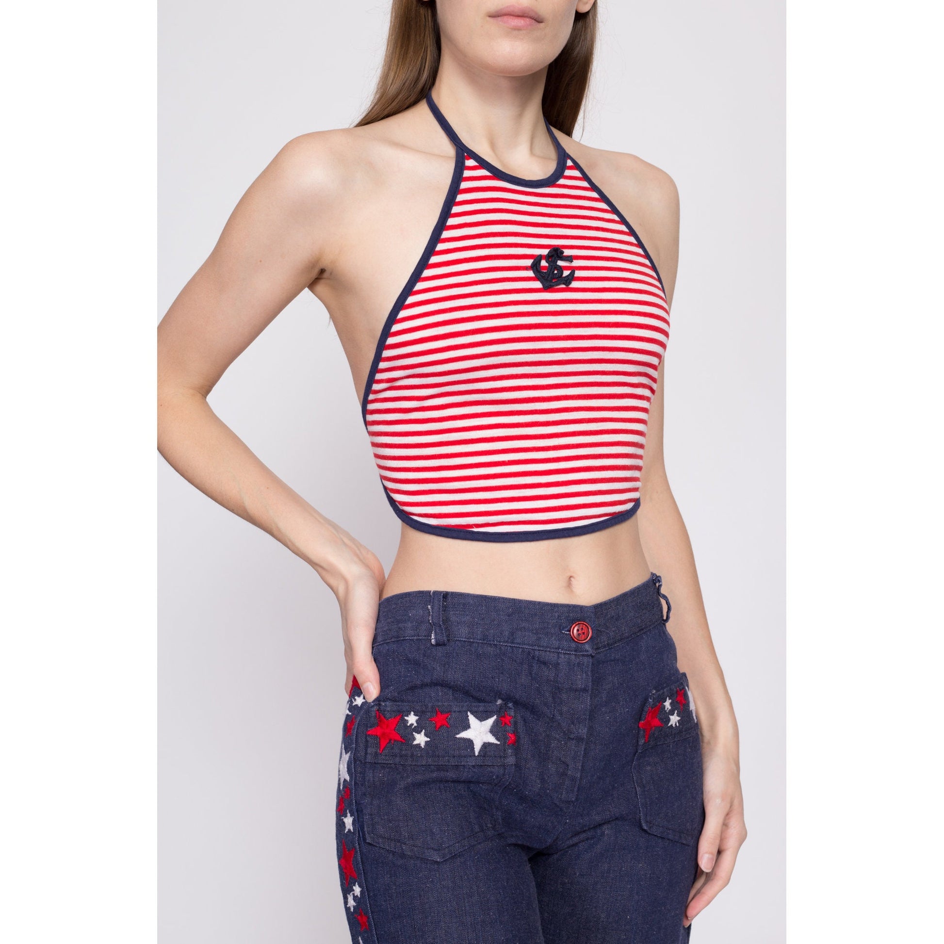 70s Nautical Striped Backless Halter Crop Top - Small | Vintage Anchor Applique Cropped Summer Shirt