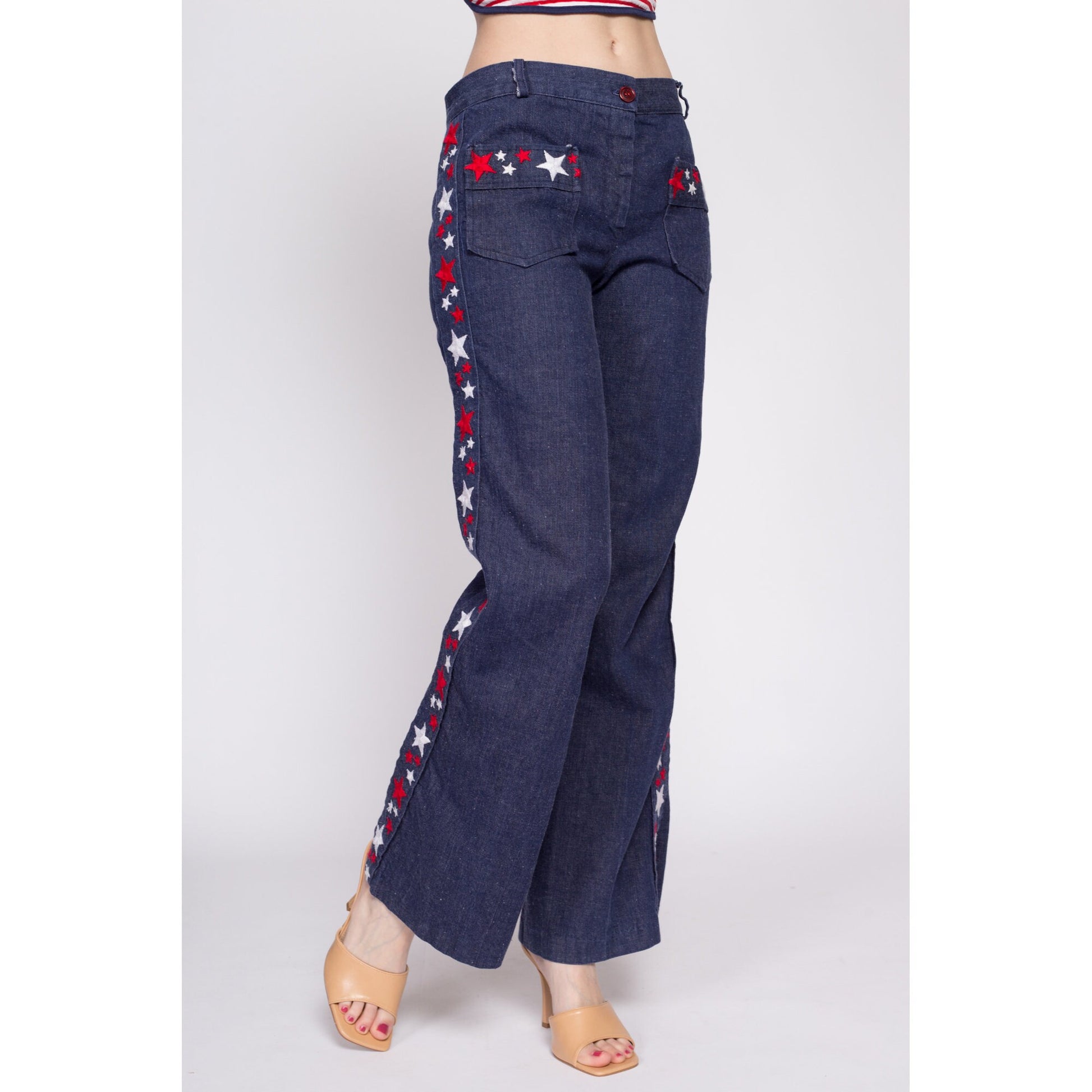 60s 70s Red White & Blue Star Sailor Jeans - 33" Waist | Vintage USA Flag Patriotic Flared Leg Unisex Dungarees