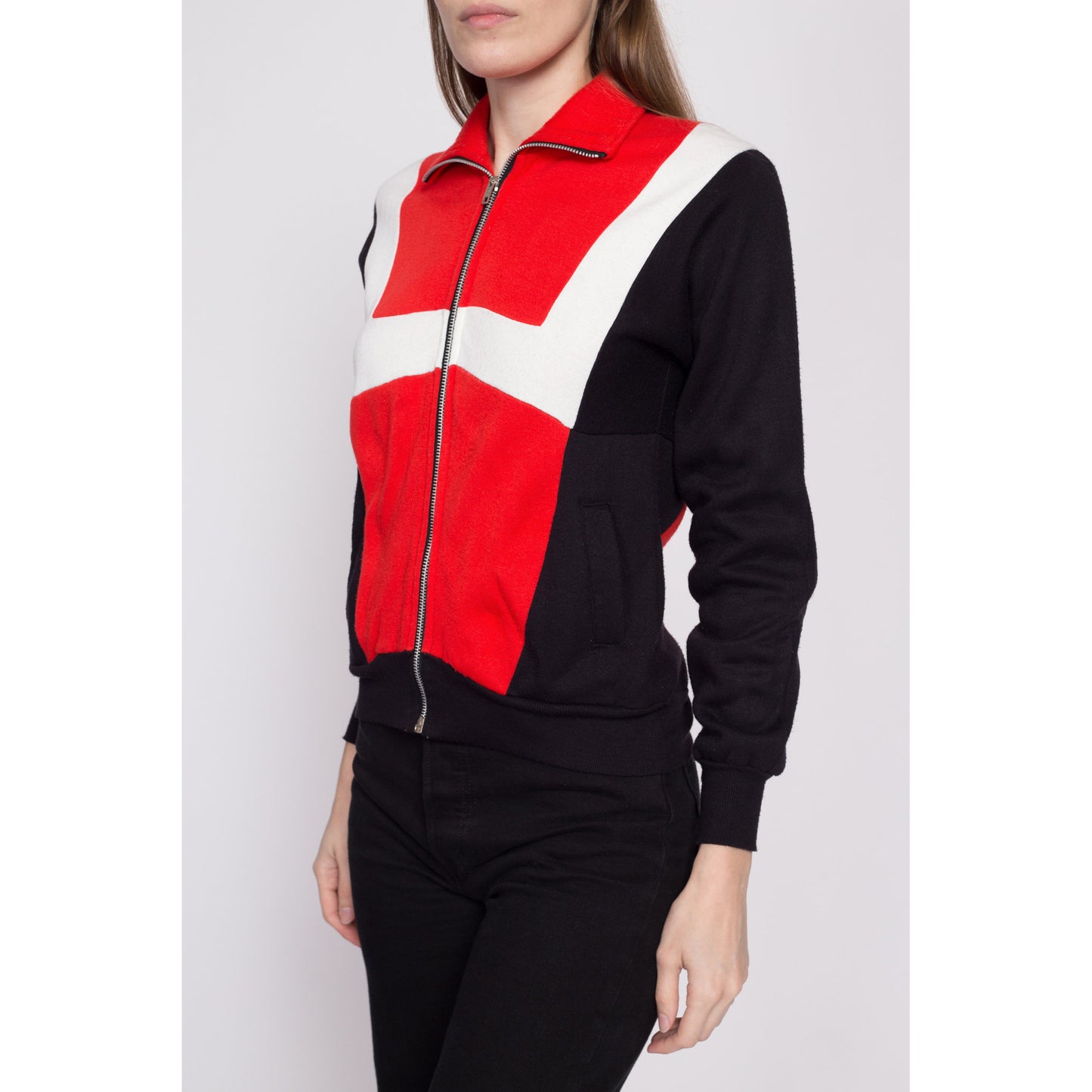 80s Color Block Track Jacket - Extra Small | Vintage Red Black Retro Zip Up Sweatshirt