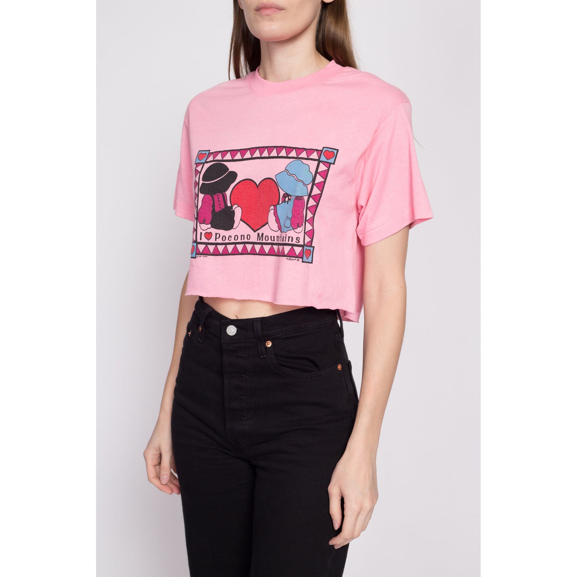 80s "I Heart Pocono Mountains" Crop Top Tee - Large | Vintage Cute Pink Tourist Souvenir T Shirt