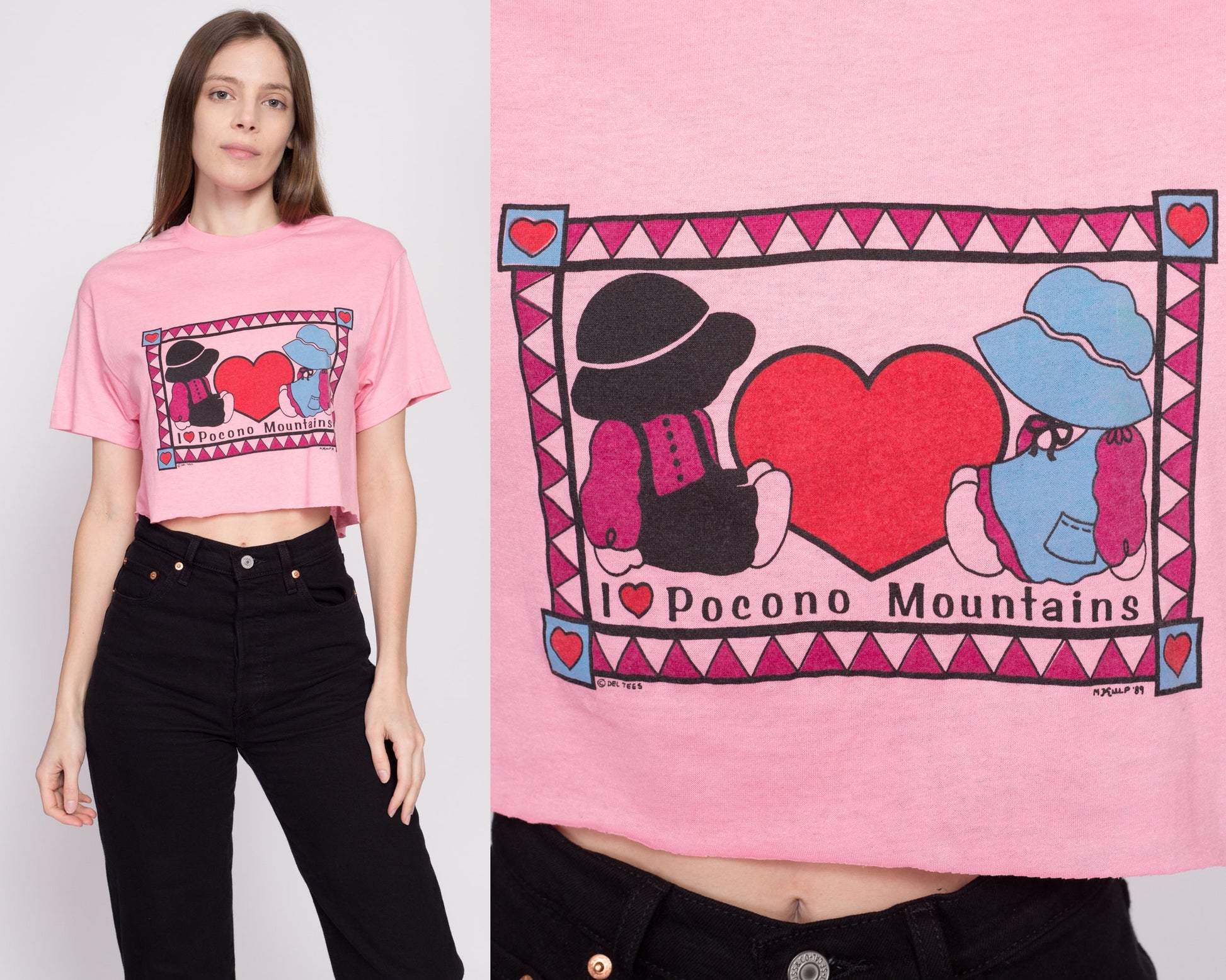 80s "I Heart Pocono Mountains" Crop Top Tee - Large | Vintage Cute Pink Tourist Souvenir T Shirt