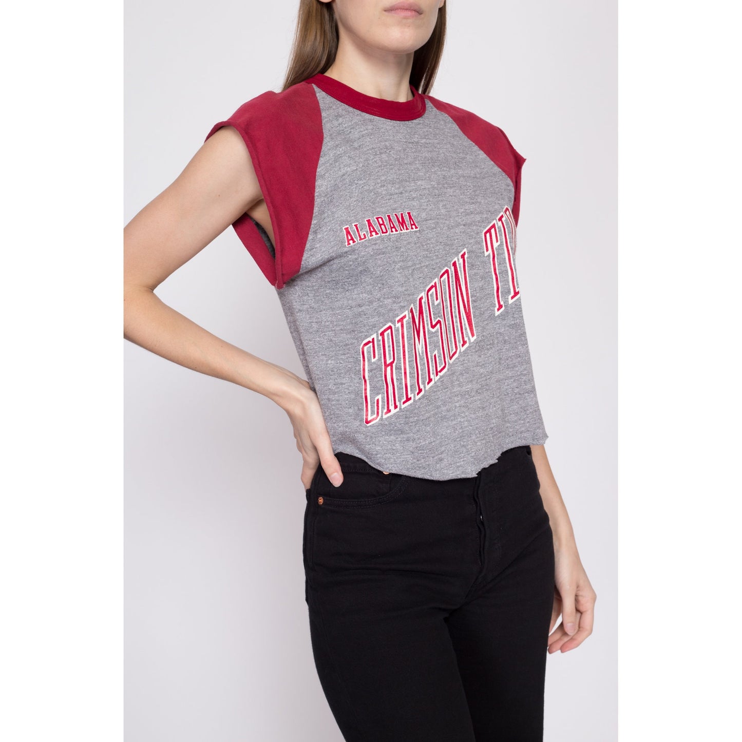 80s University Of Alabama Crimson Tide Cropped T Shirt - Medium | Vintage Cut Off College Sports Crop Top Tee