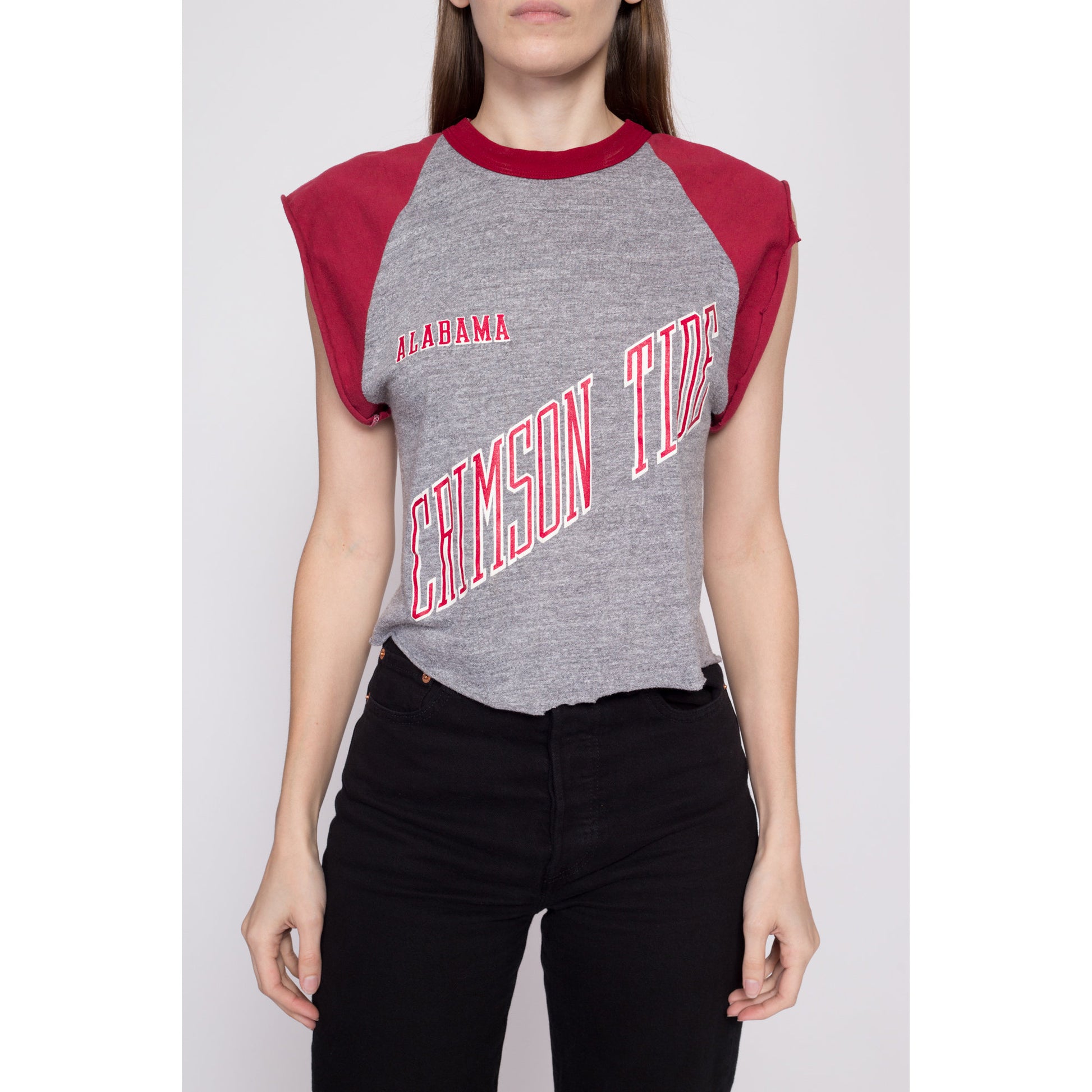 80s University Of Alabama Crimson Tide Cropped T Shirt - Medium | Vintage Cut Off College Sports Crop Top Tee