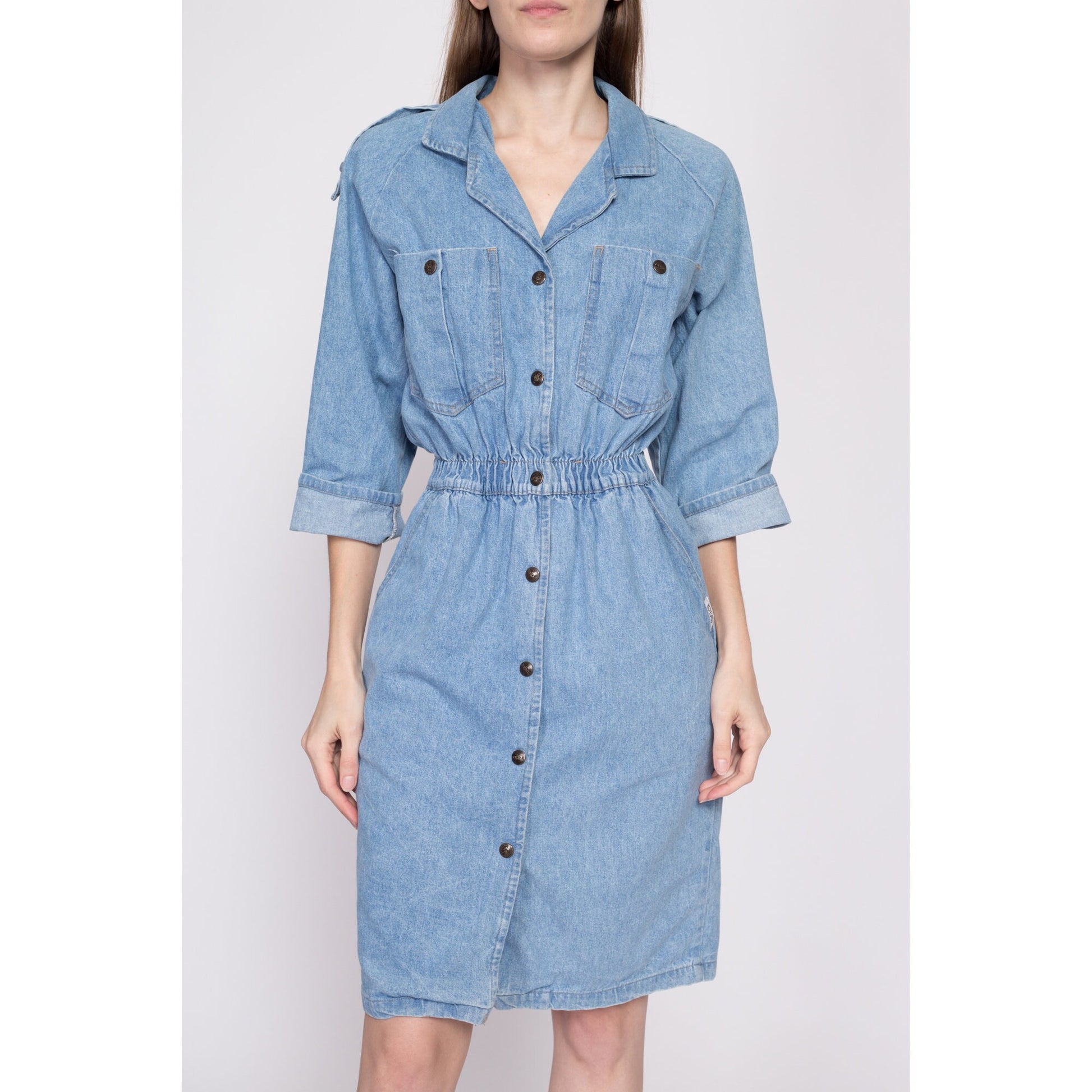 80s Denim Snap Front Mini Dress - Small to Medium | Vintage Ideas Epaulette 3/4 Sleeve Fitted Jean Shirtdress