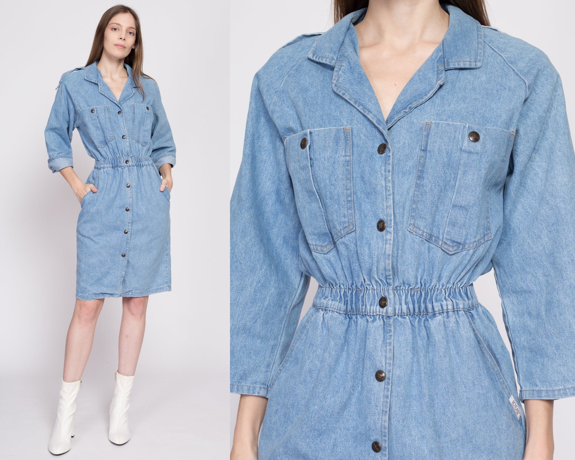 80s Denim Snap Front Mini Dress - Small to Medium | Vintage Ideas Epaulette 3/4 Sleeve Fitted Jean Shirtdress