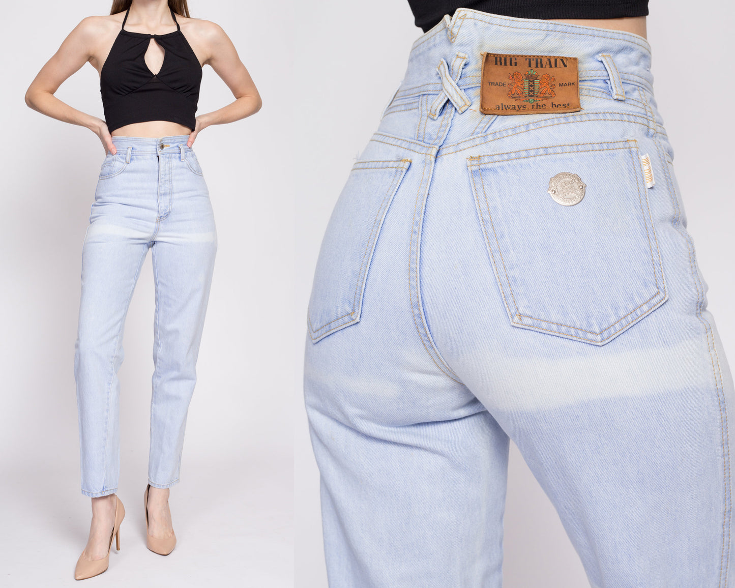 80s High Waisted Light Wash Jeans - Extra Small, 25" | Vintage Tapered Leg Faded Grunge Mom Jeans