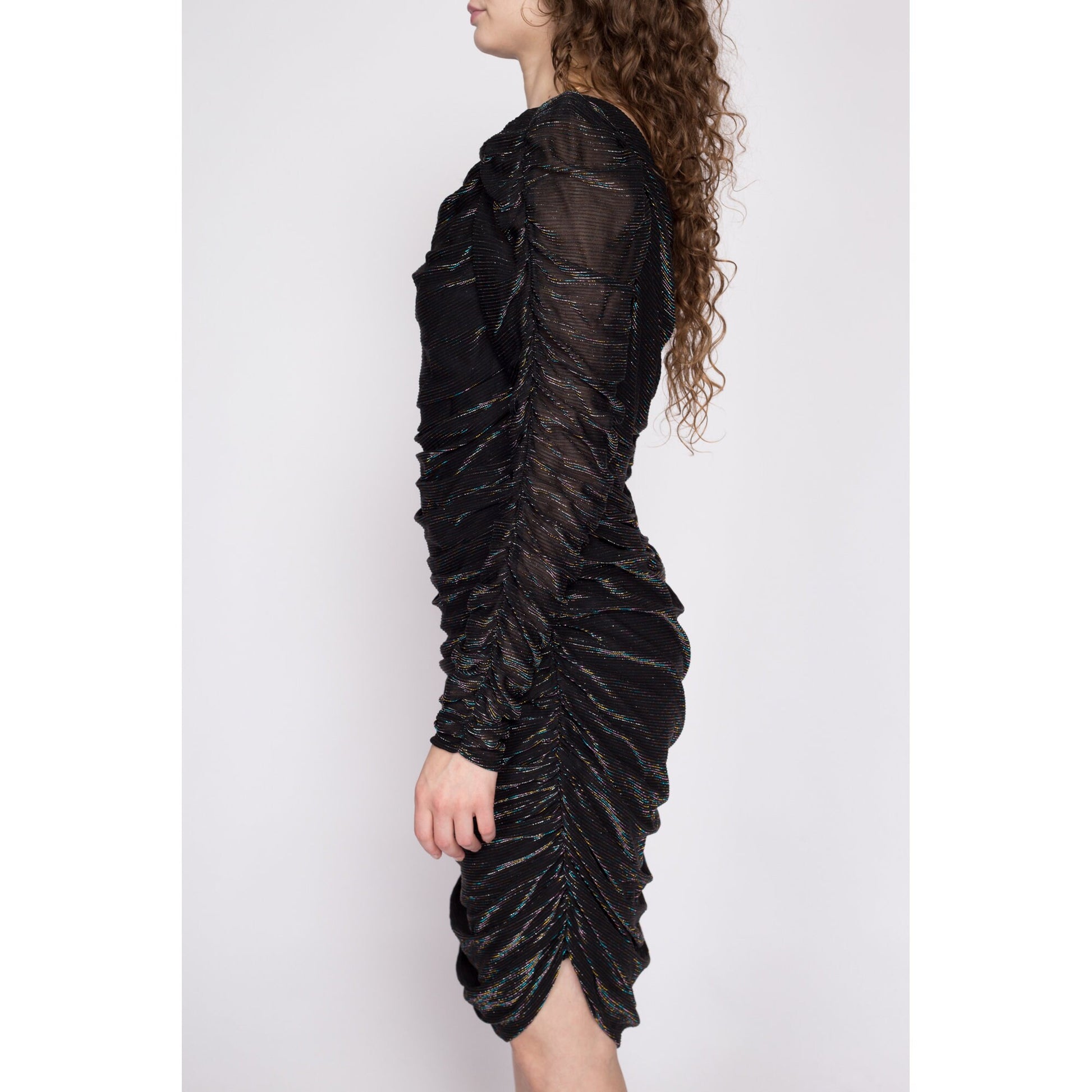 70s Black Ruched Coffin Pleat Dress - Medium to Large | Vintage Boho Sheer Puff Sleeve Bodycon Party Dress