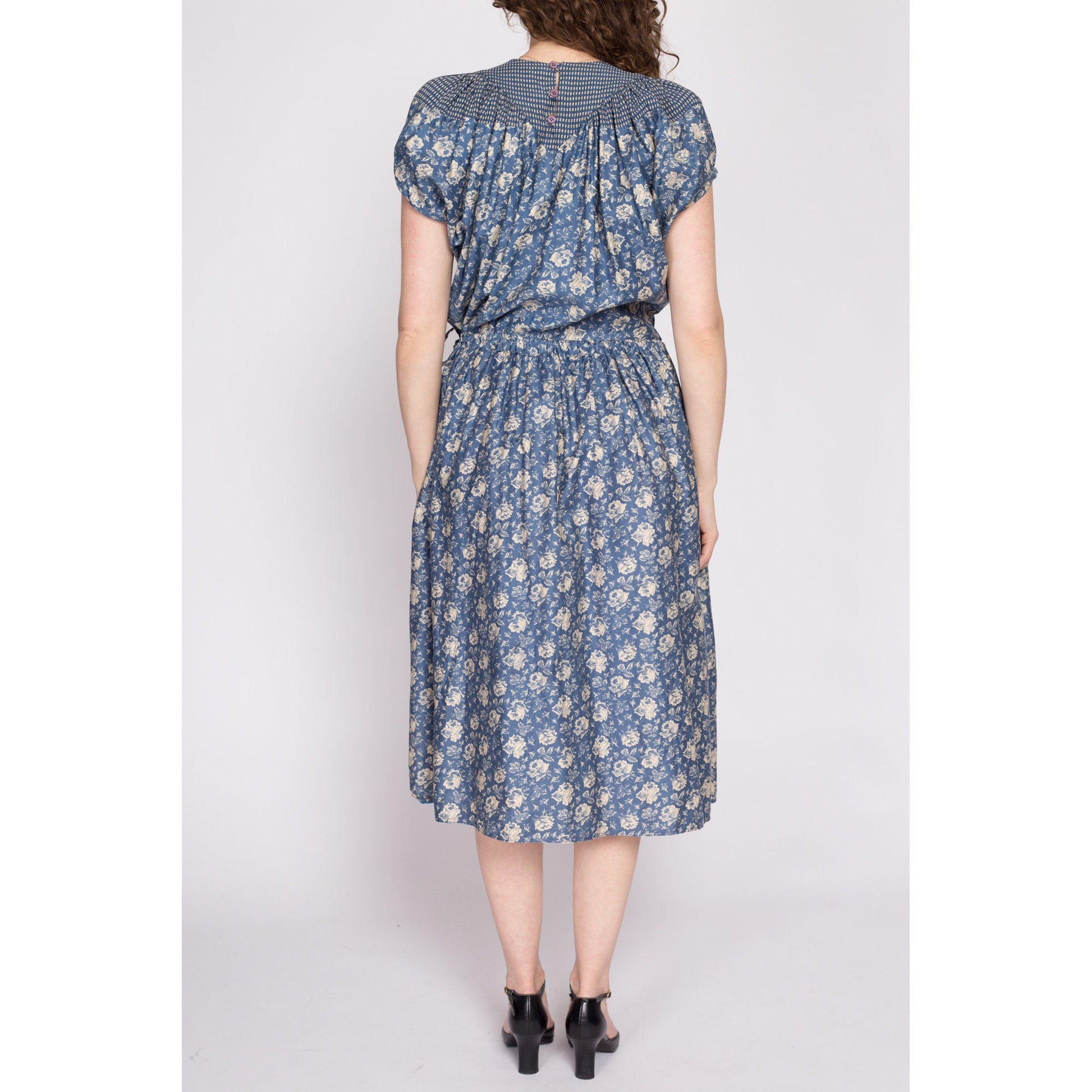 80s Anastasia Paris Blue Floral Prairie Dress - Small to Large | Boho Vintage Puff Sleeve Oversize Blouson Midi Dress