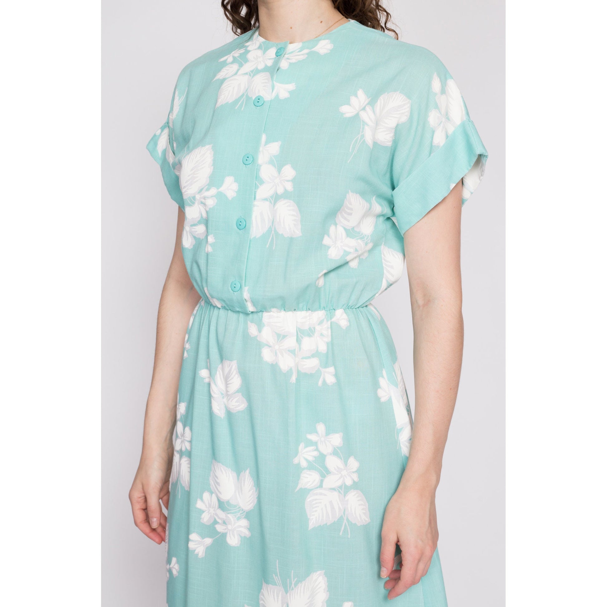 80s Aqua Blue Floral Shirtdress - Medium | Vintage Button Up Cuffed Sleeve Midi Secretary Dress