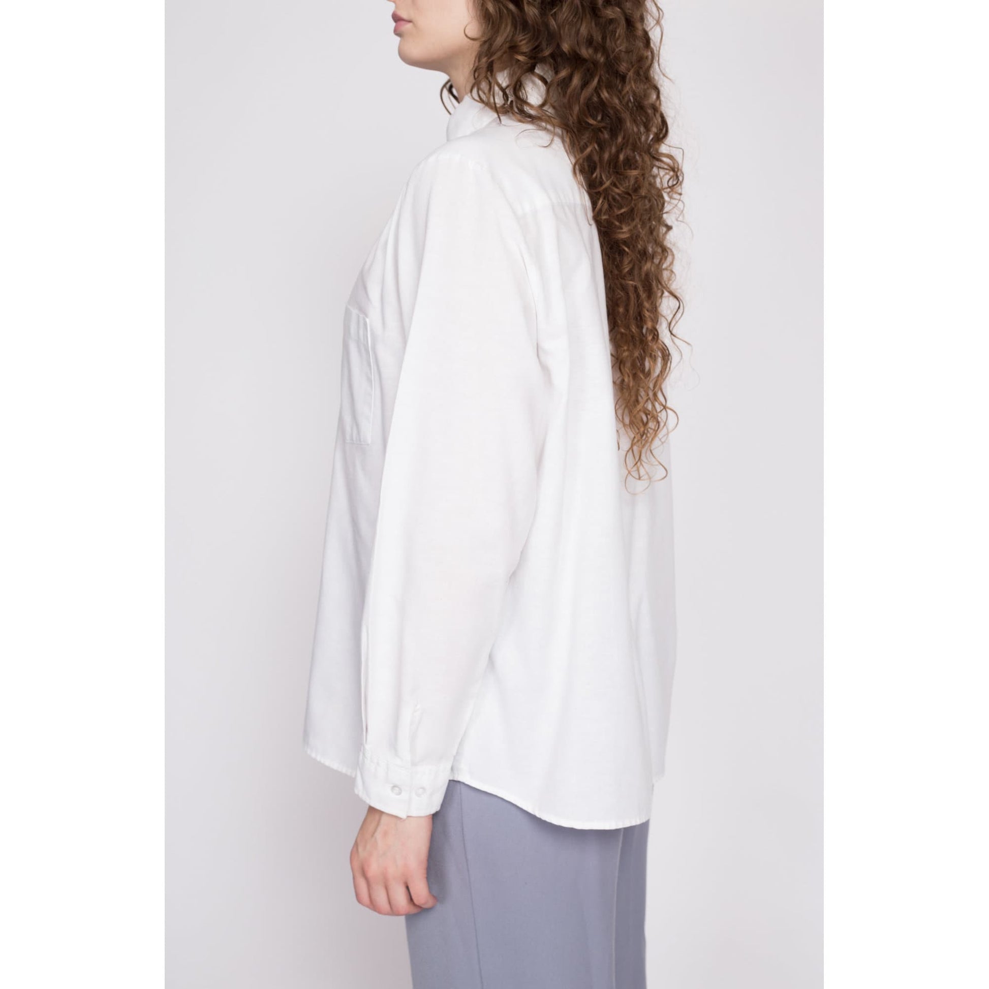 80s Minimalist White Button Up Shirt - Extra Large | Vintage Cotton Blend Long Sleeve Collared Top