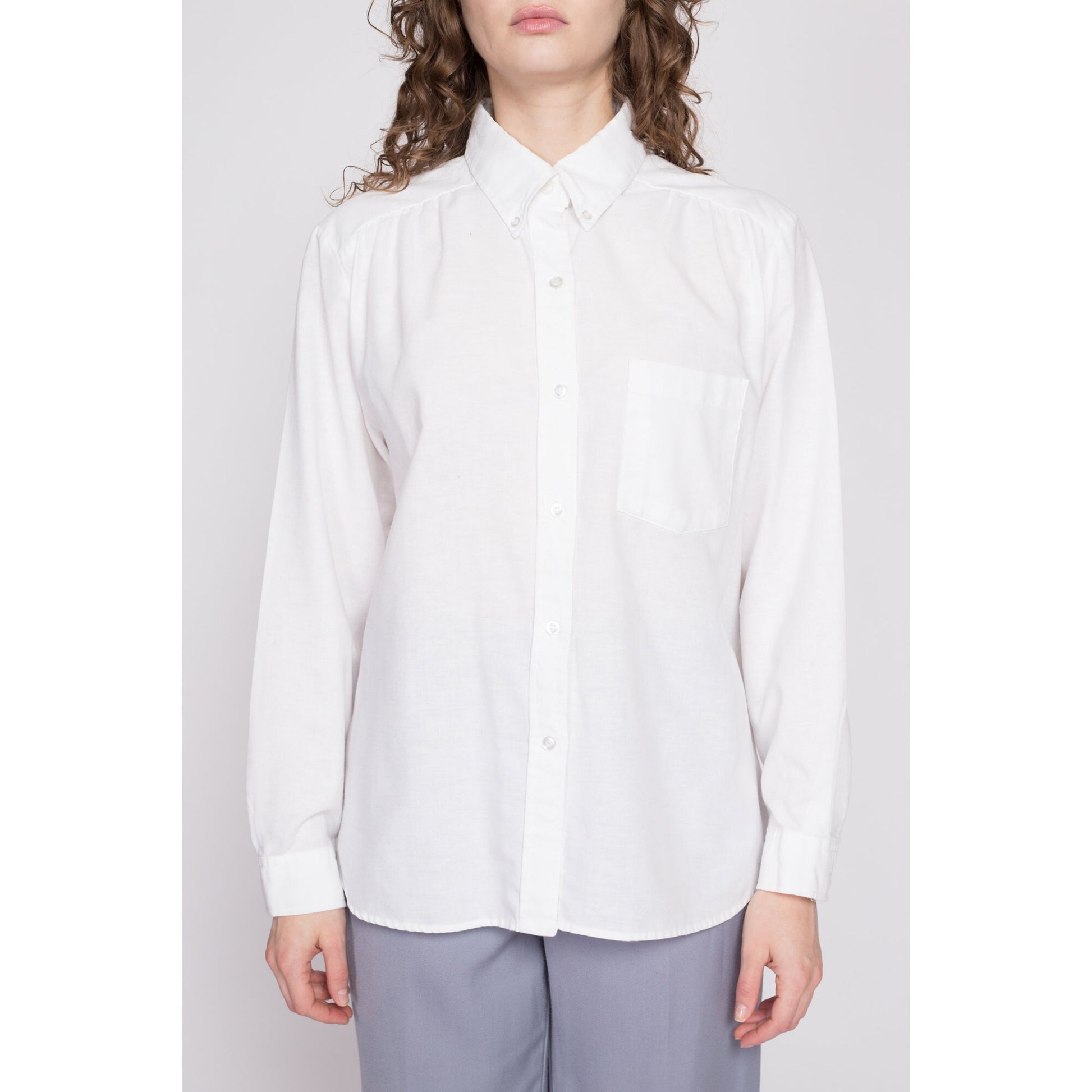 80s Minimalist White Button Up Shirt - Extra Large | Vintage Cotton Blend Long Sleeve Collared Top
