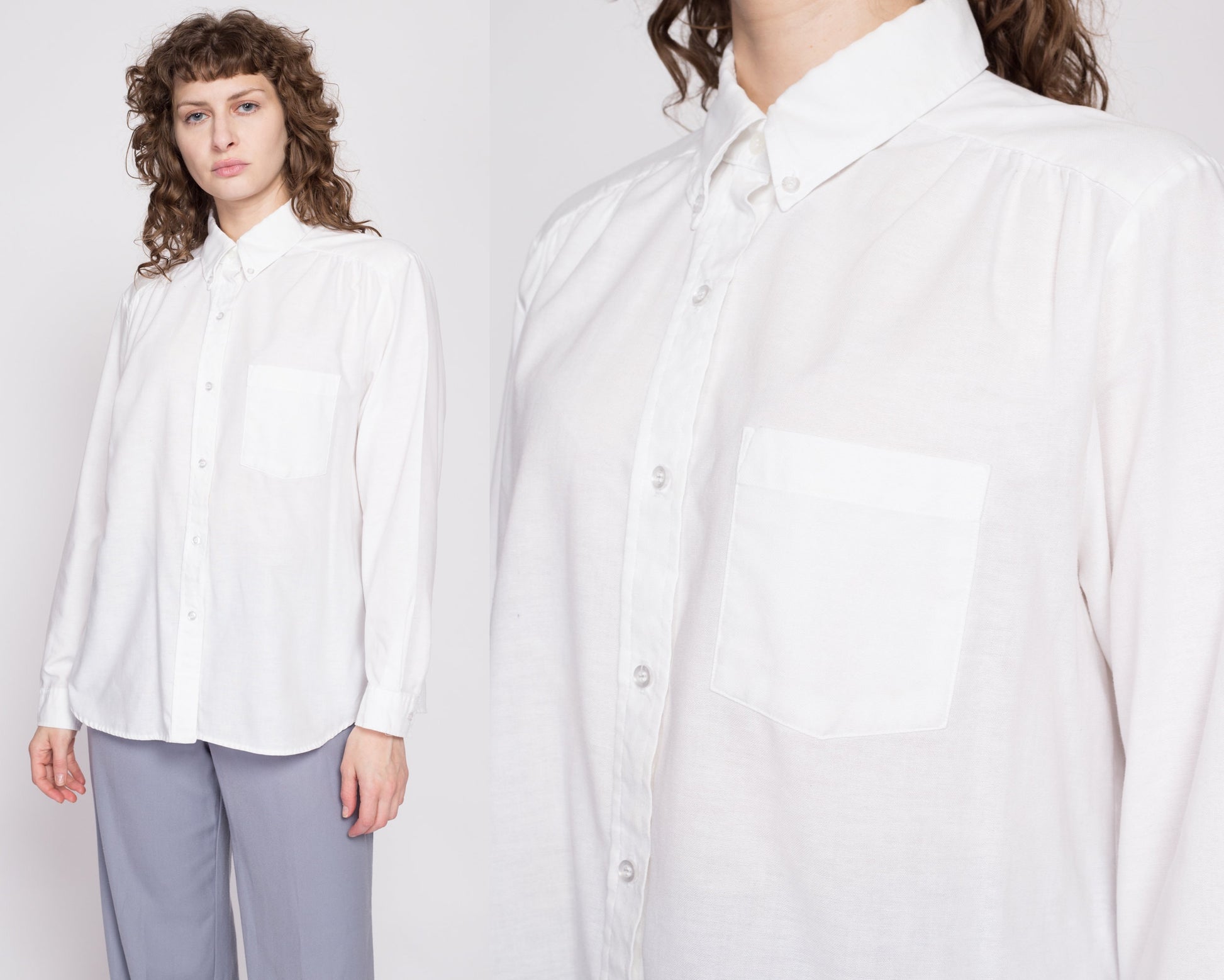 80s Minimalist White Button Up Shirt - Extra Large | Vintage Cotton Blend Long Sleeve Collared Top