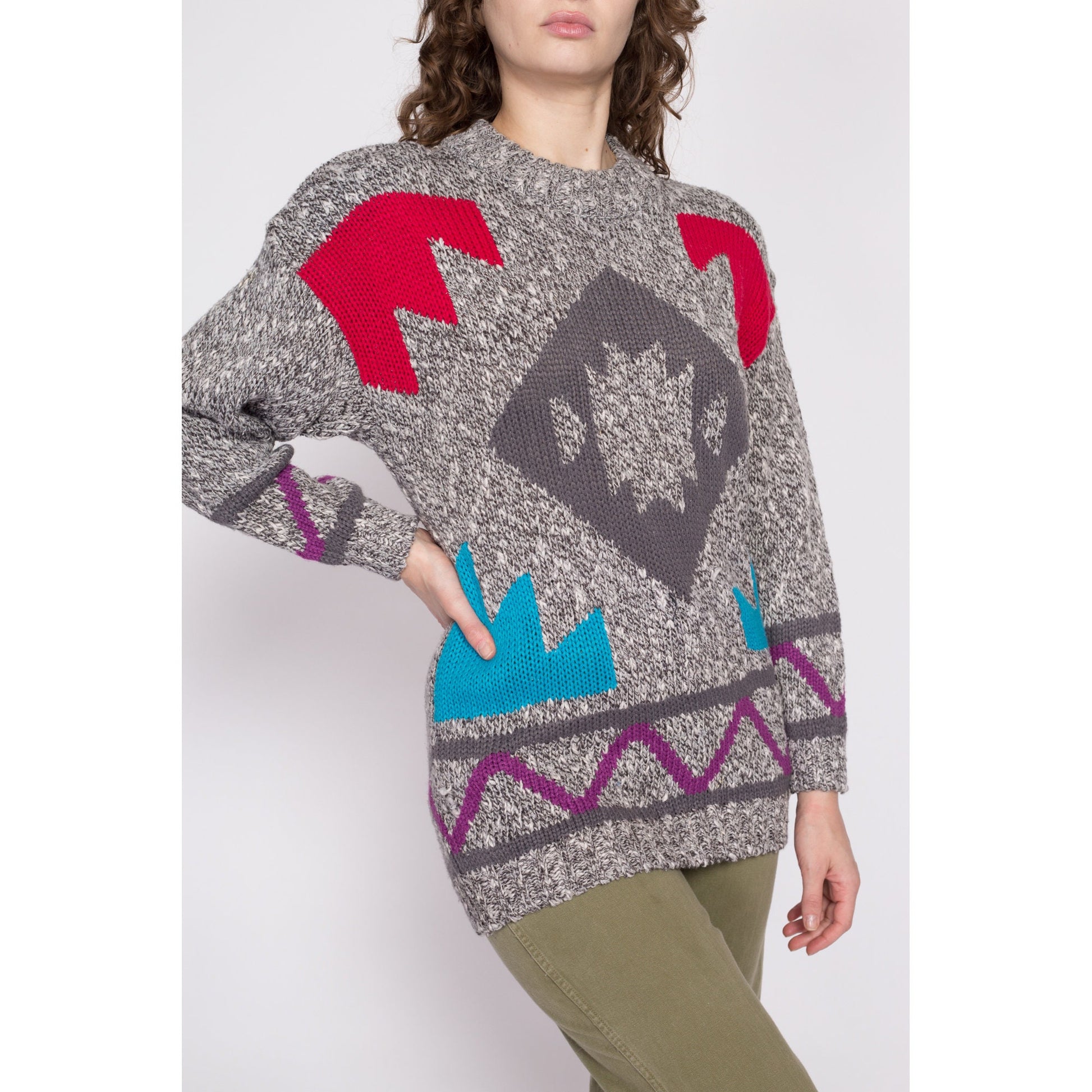 80s Geometric Knit Sweater - Small | Vintage Grey Color Block Pullover
