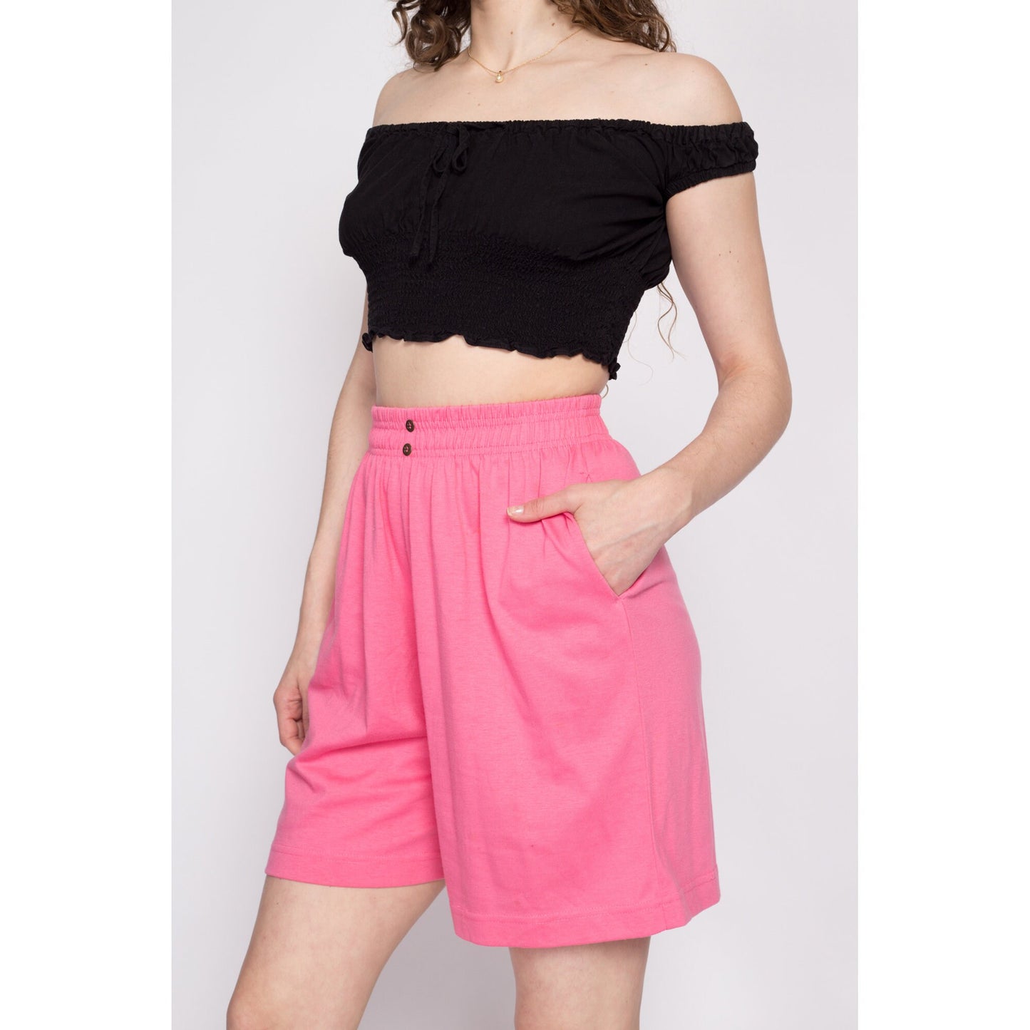 80s Pink Elastic Waist Shorts - Small to Medium | Vintage High Rise Wide Leg Causal Pocket Lounge Shorts