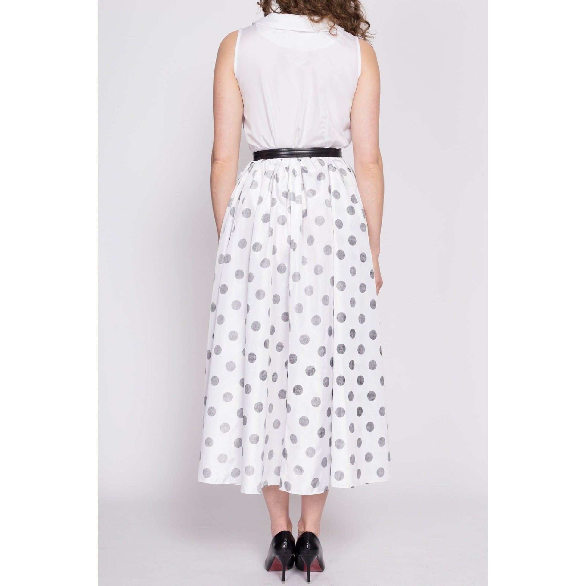 70s Polka Dot Hostess Maxi Dress - Medium | Vintage Black & White Pointed Statement Collar Sleeveless Fit Flare Gown