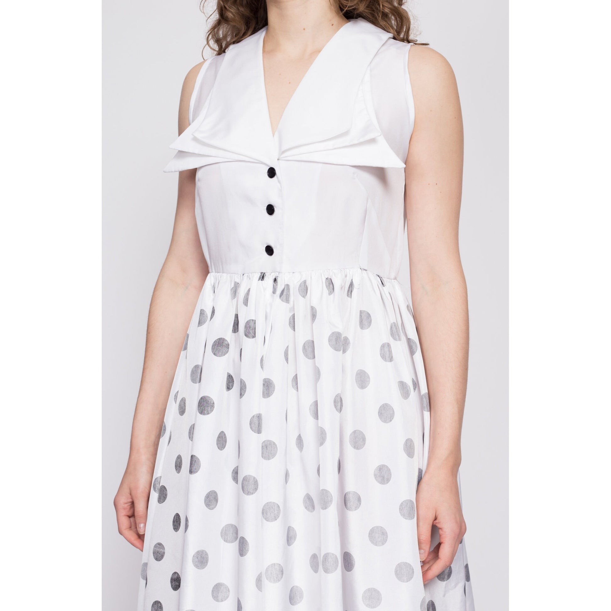 70s Polka Dot Hostess Maxi Dress - Medium | Vintage Black & White Pointed Statement Collar Sleeveless Fit Flare Gown