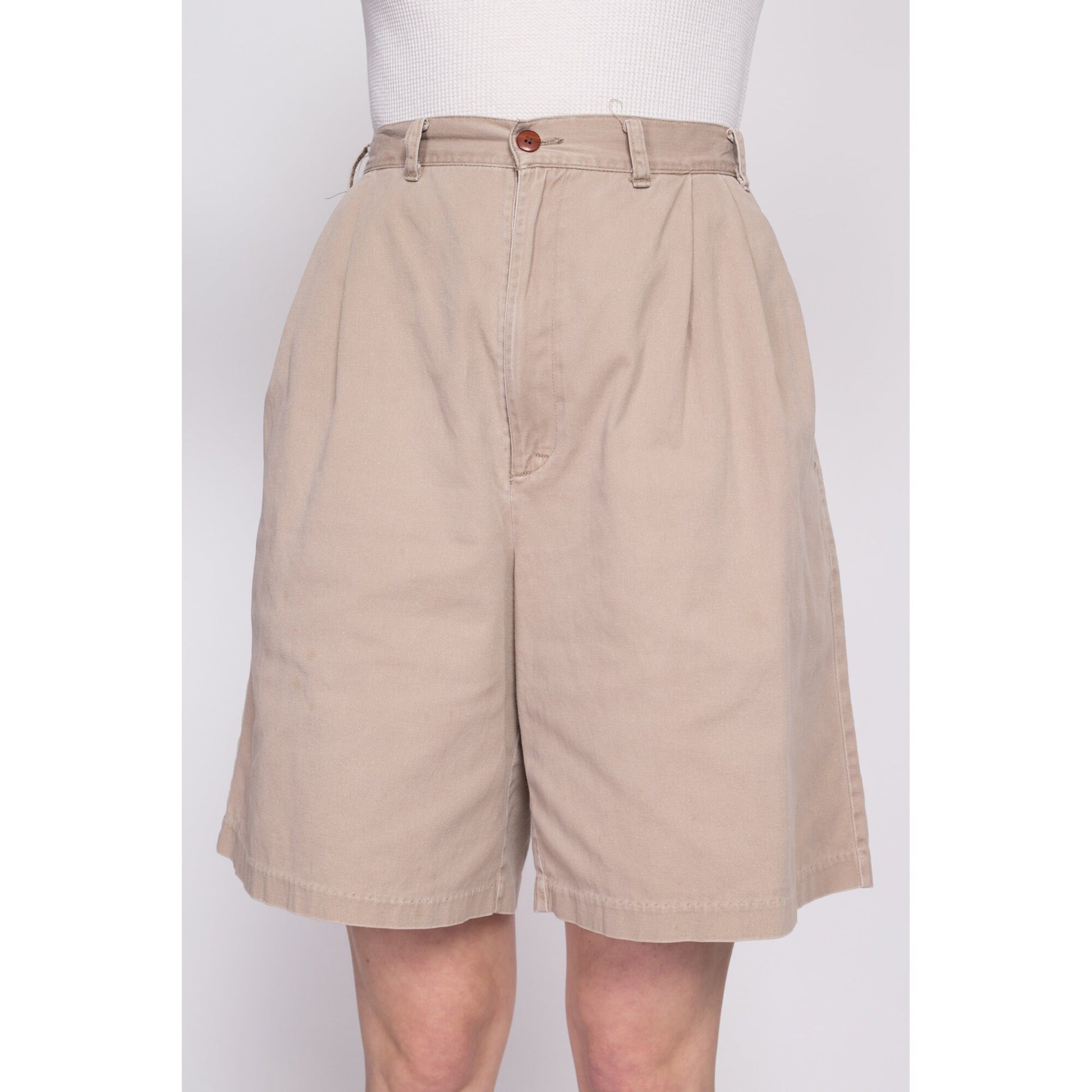 80s Khaki Pleated Cotton Shorts - Large, 31" | Vintage High Waisted Wide Leg Casual Mom Shorts
