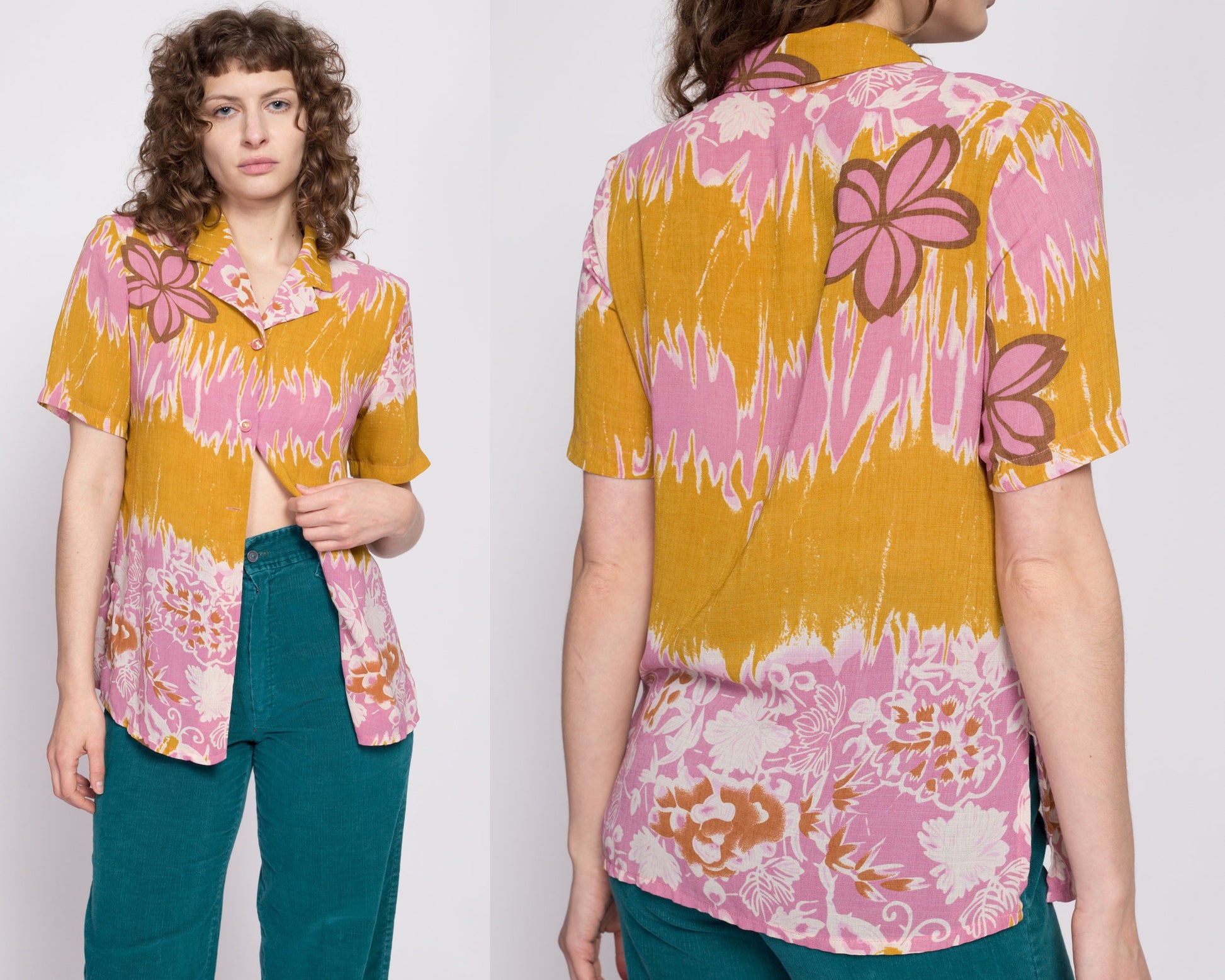 90s Tropical Floral Print Blouse - Medium | Vintage Boho Button Up Short Sleeve Collared Top