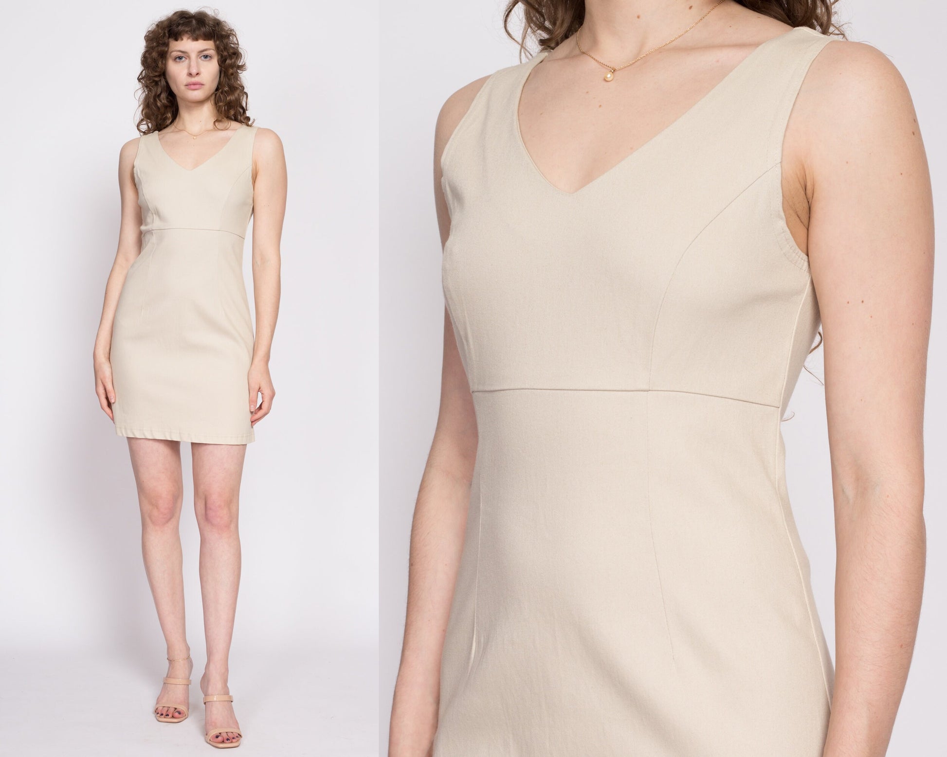 90s Minimalist Sheath Mini Dress - Medium | Vintage Fitted Ecru Sleeveless Pencil Dress