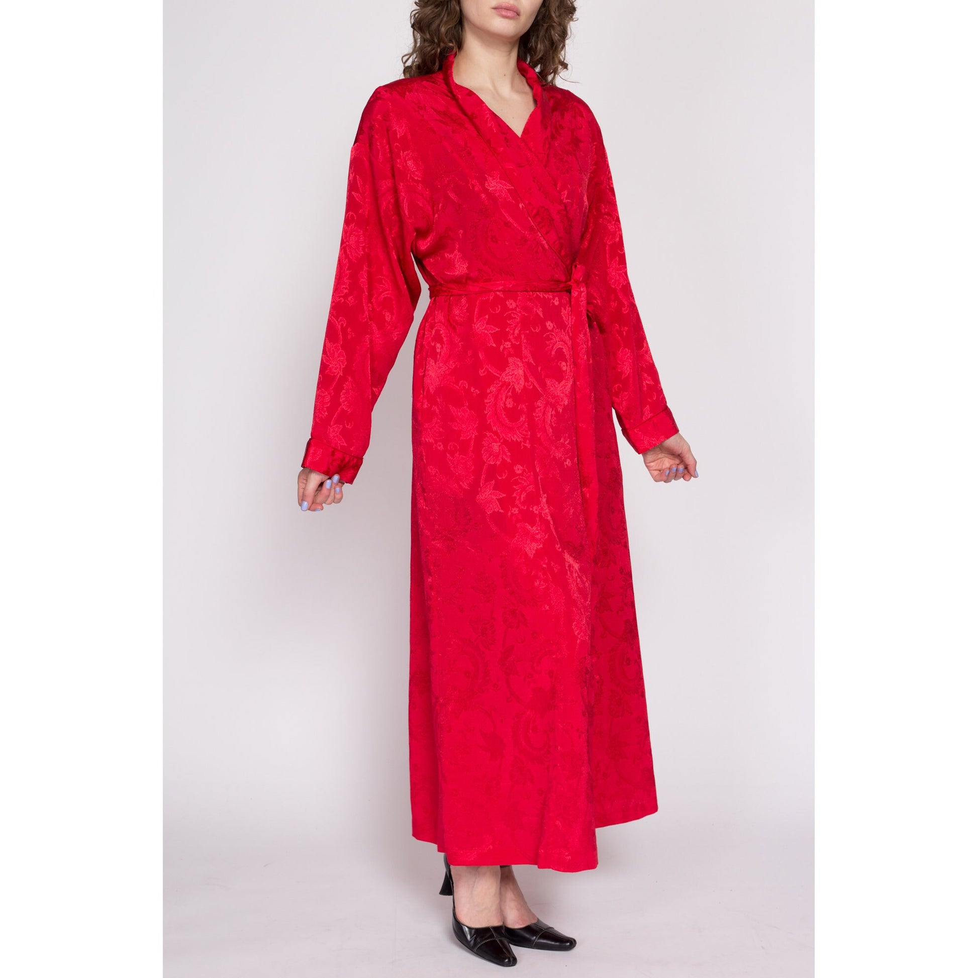 90s Victoria's Secret Red Jacquard Satin Robe - Medium to Large | Vintage Floral Boho Loungewear Maxi Kimono