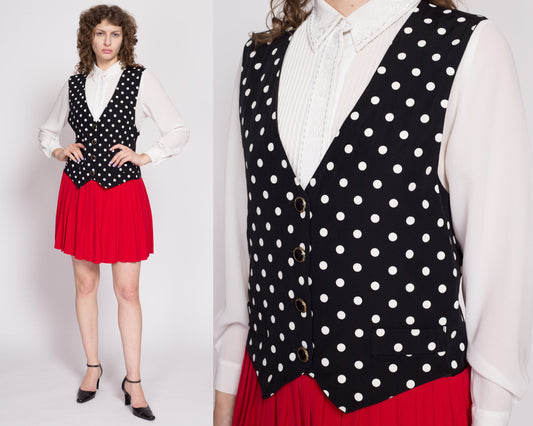 80s Polka Dot Mock Vest & Pleated Skirt Set Dress - Large | Vintage Red Black Pinafore Mini Dress
