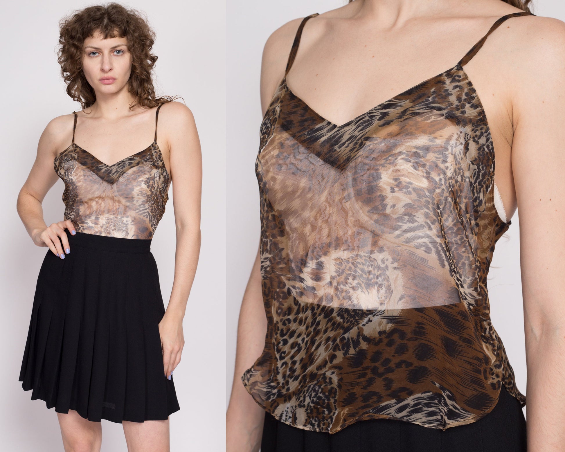 Vintage Sheer Leopard Camisole - Small | 70s 80s Animal Print Slip Lingerie Cami Top