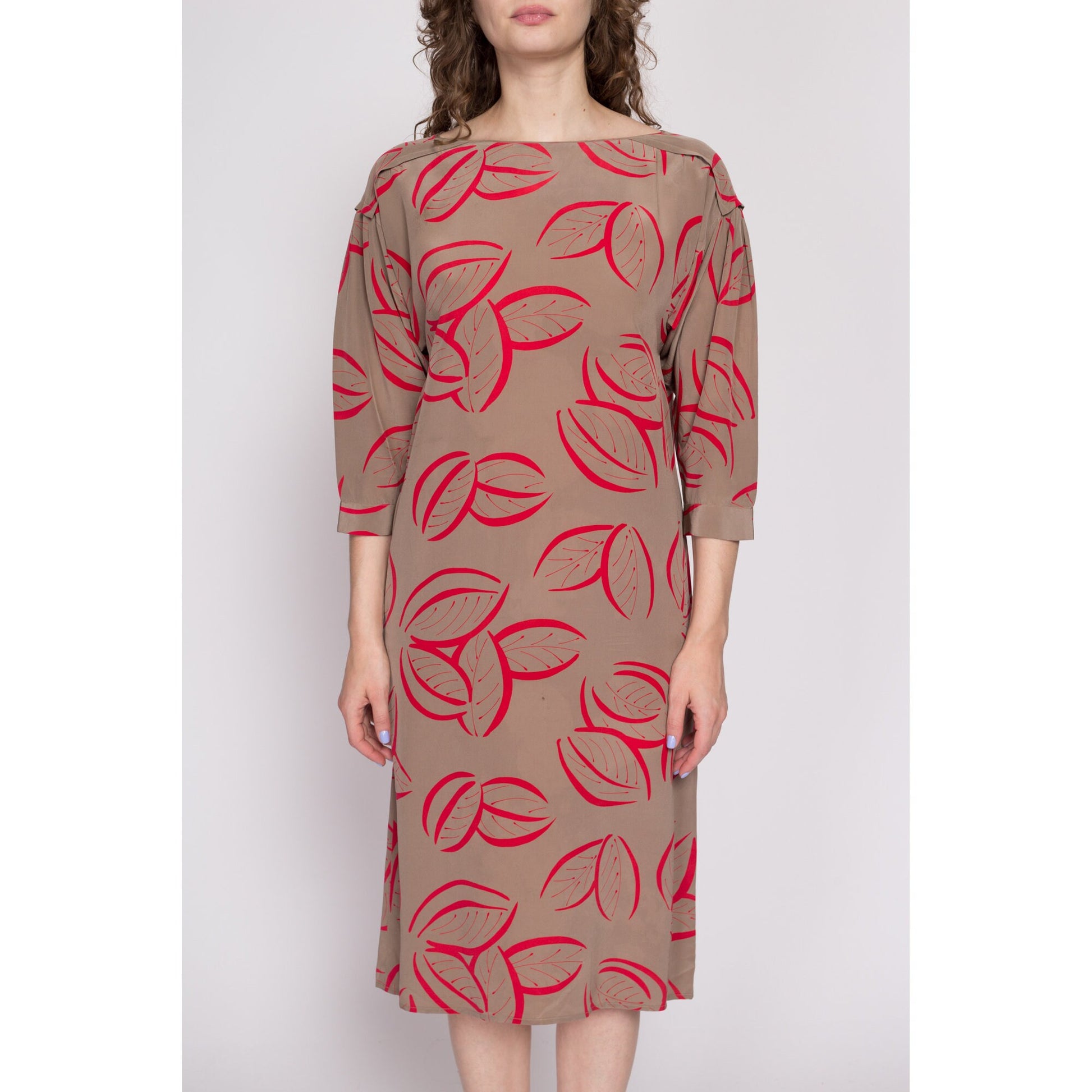 80s Silk Leaf Print Shift Dress, As Is - Medium to Large | Vintage Two Tone 3/4 Sleeve Midi Dolman Sleeve Dress