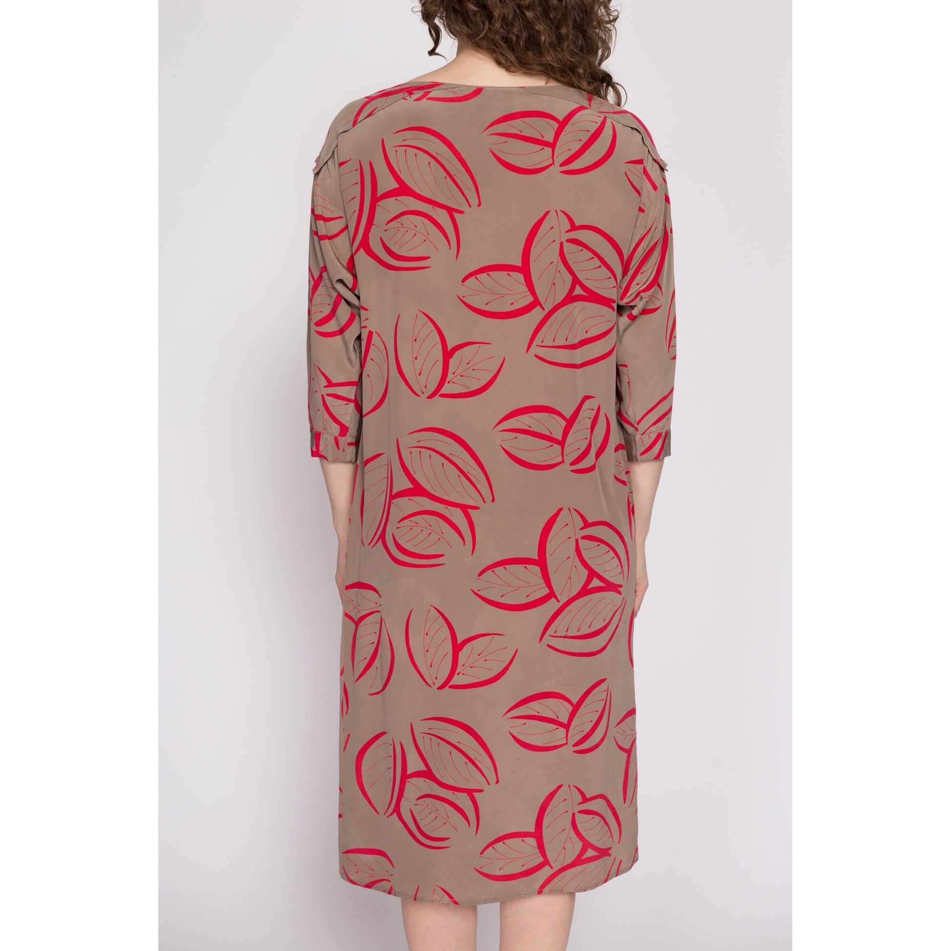 80s Silk Leaf Print Shift Dress, As Is - Medium to Large | Vintage Two Tone 3/4 Sleeve Midi Dolman Sleeve Dress
