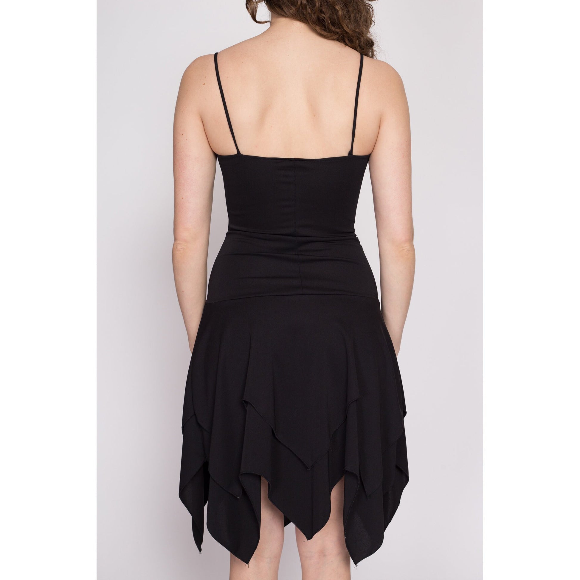 90s Y2K Black Scarf Hem Dress - Small | Vintage Alyn Paige Ruched Spaghetti Strap Mini Party Dress