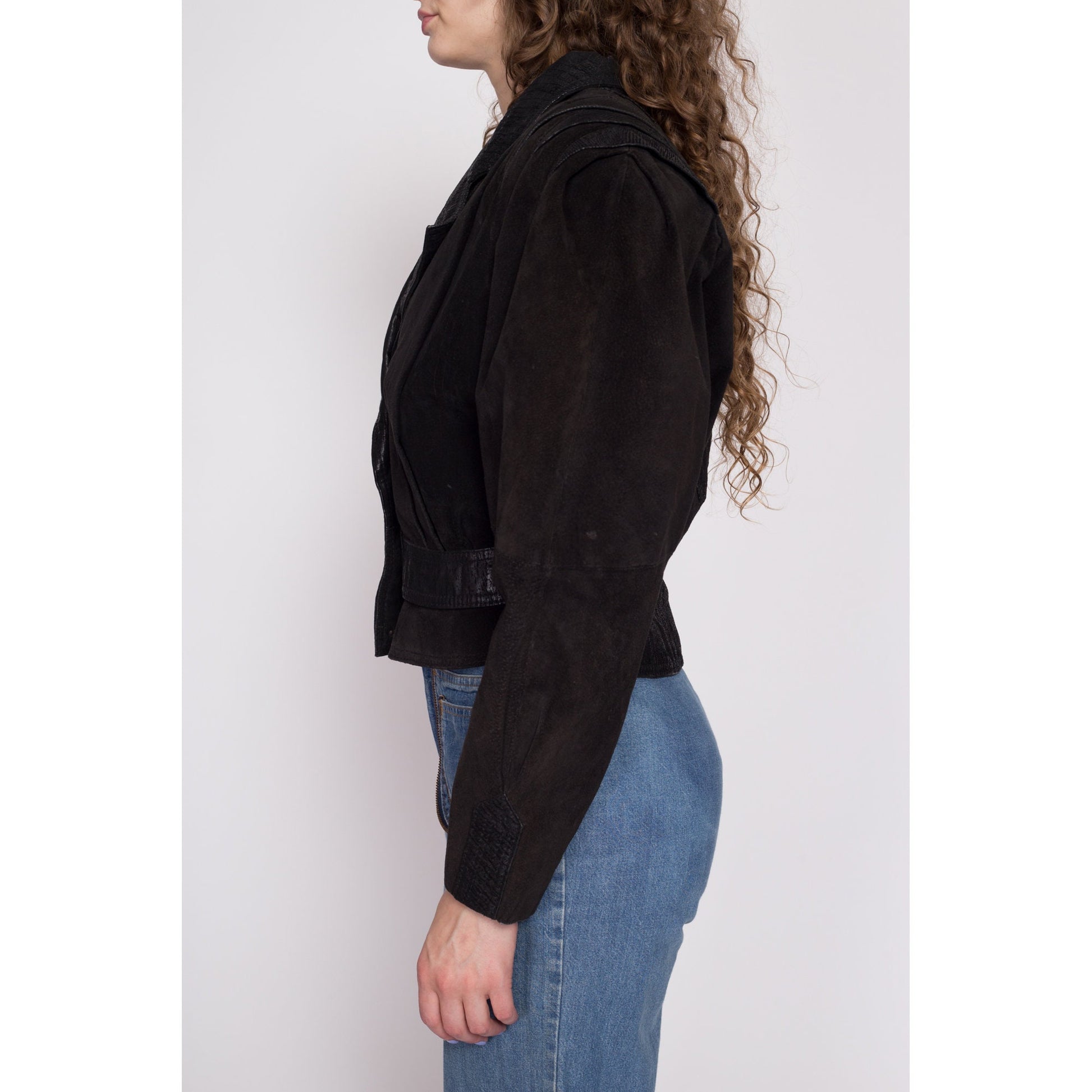 80s Black Leather Cropped Moto Jacket - Medium | Vintage G-III Fitted Waist Oversized Embossed Suede Snap Up Coat