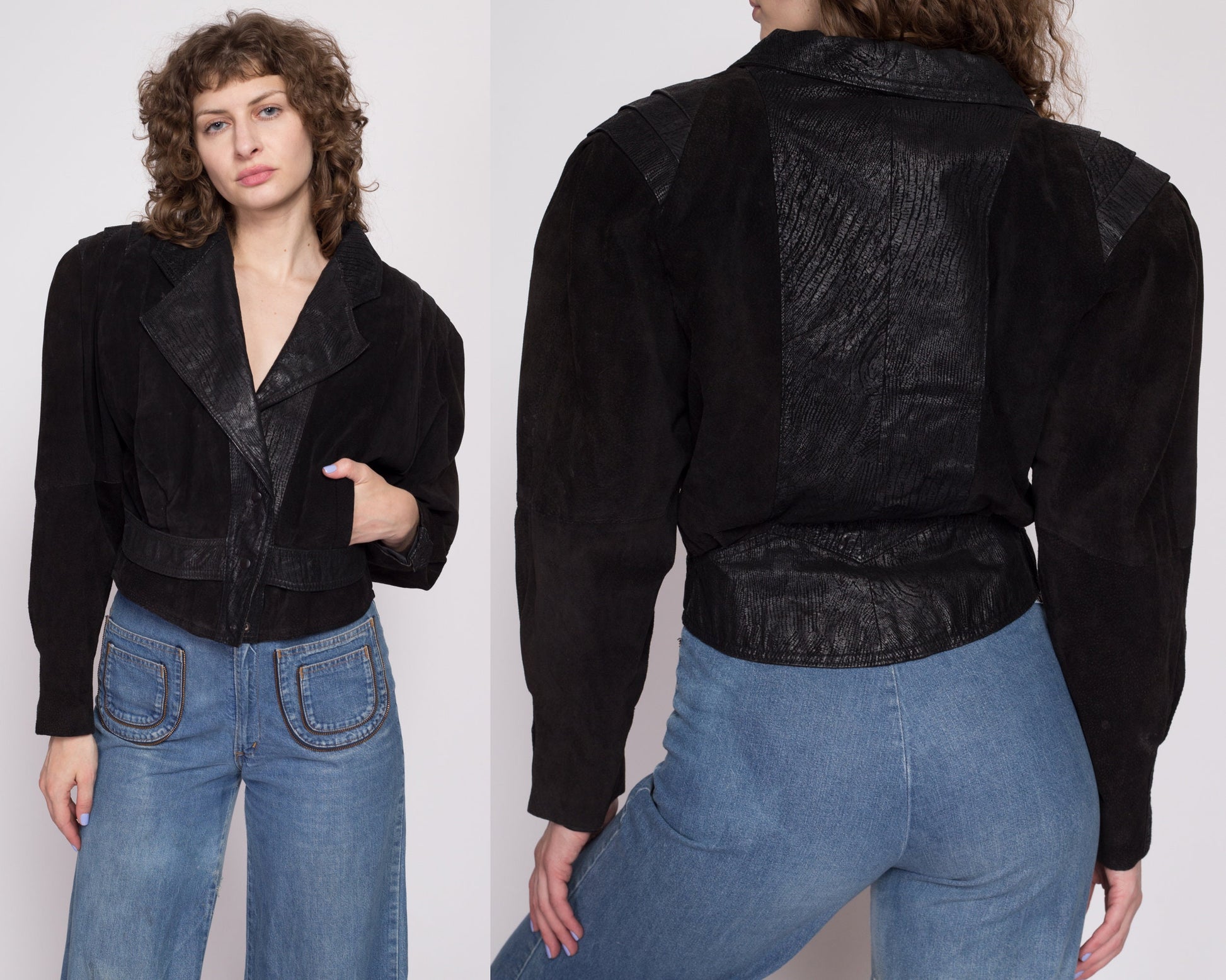 80s Black Leather Cropped Moto Jacket - Medium | Vintage G-III Fitted Waist Oversized Embossed Suede Snap Up Coat