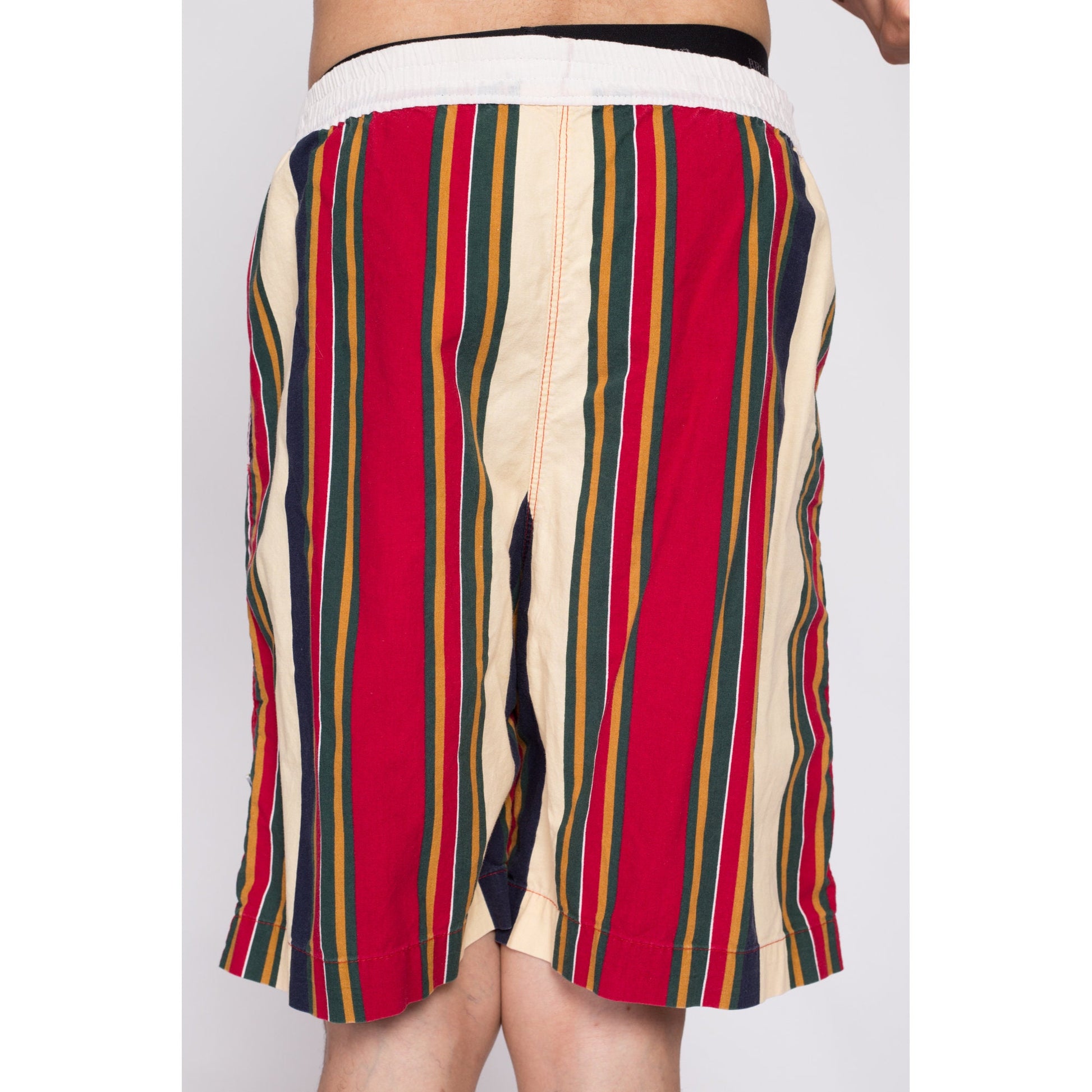 90s Don't Stop Striped Casual Shorts - Men's Medium | Vintage Cotton Blend Elastic Waist Board Shorts