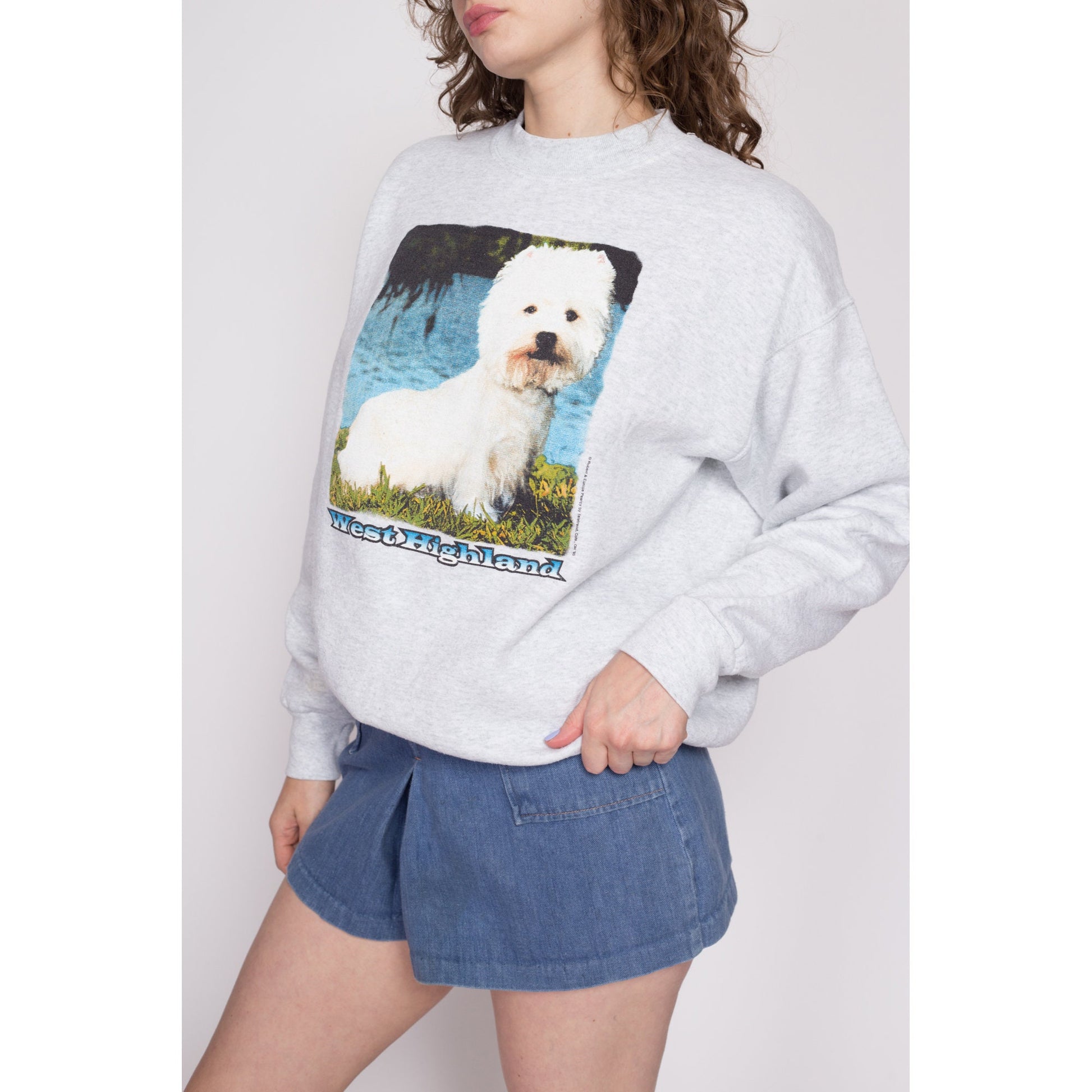 90s West Highland White Terrier Dog Breed Sweatshirt - Men's Large | Vintage Heather Grey Graphic Animal Crewneck