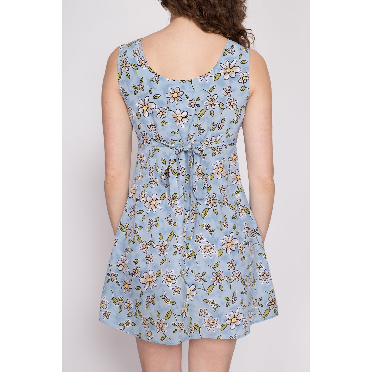 90s Blue Daisy Floral Mini Babydoll Dress - Medium | Vintage A Line Sleeveless Scoop Neck Sundress