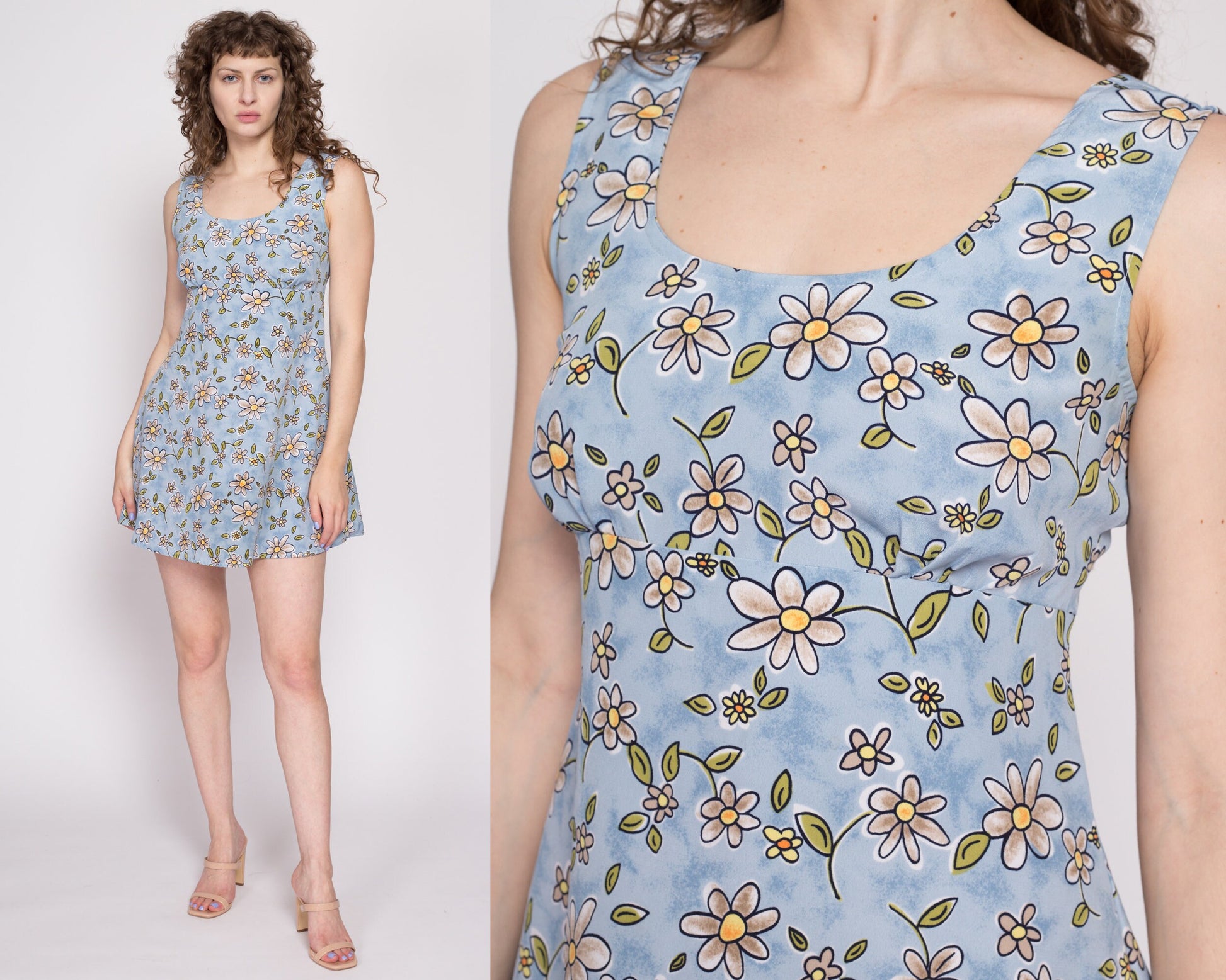 90s Blue Daisy Floral Mini Babydoll Dress - Medium | Vintage A Line Sleeveless Scoop Neck Sundress