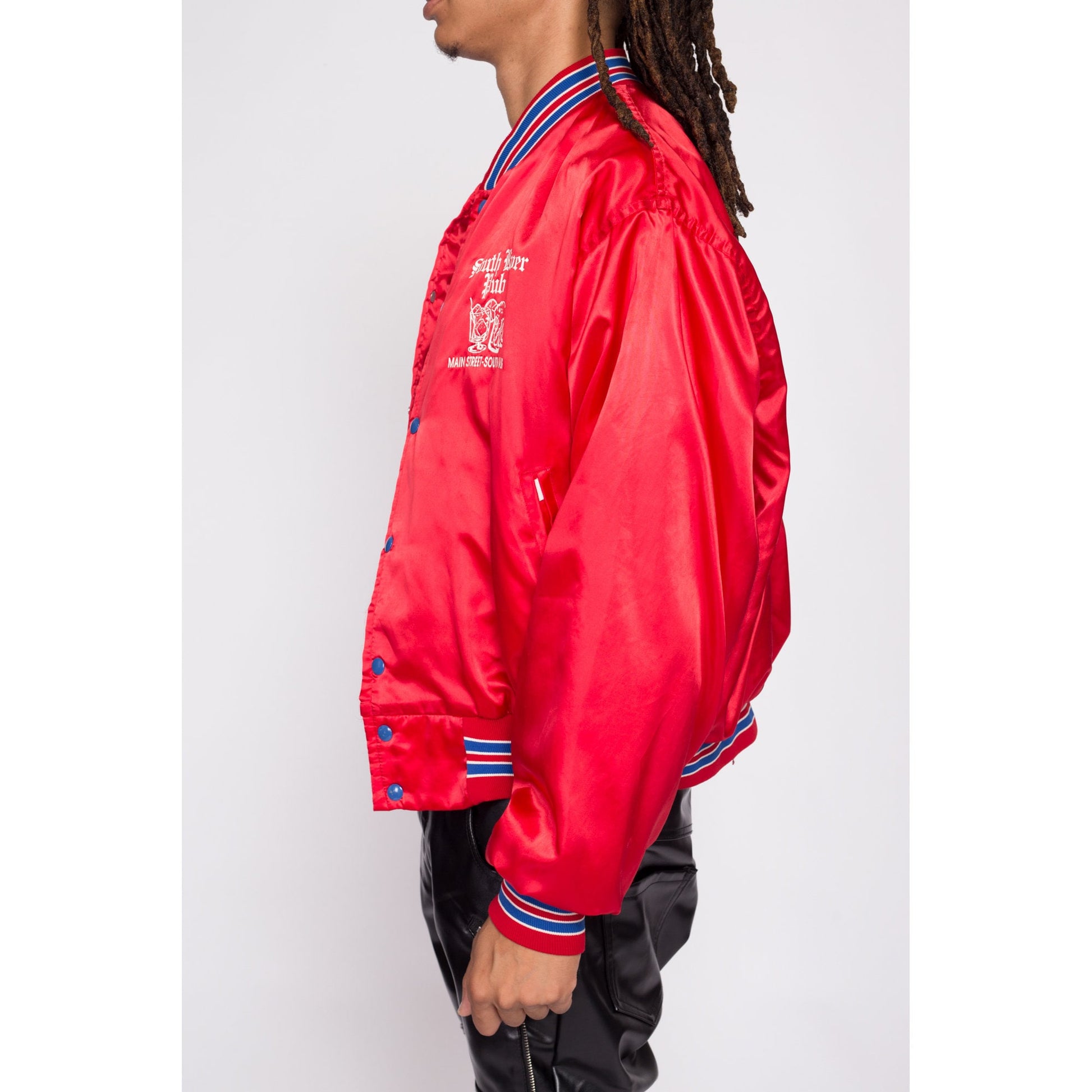 80s South River Pub Red Satin Bomber Jacket - Men's XL | Vintage New Jersey Tourist Souvenir Snap Button Varsity Windbreaker
